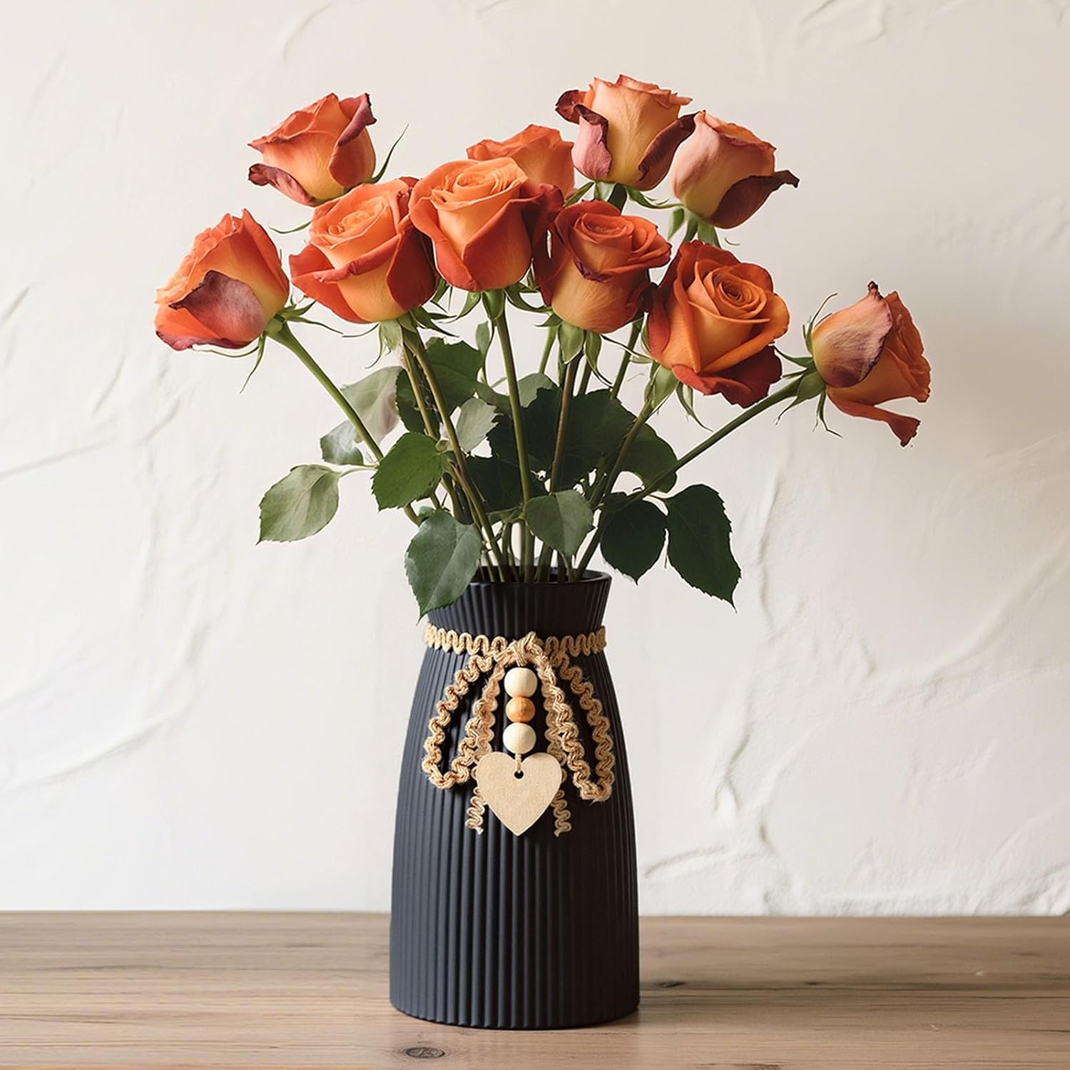 Ceramic Vase / 6.3" Tall Boho Ribbed Vase for Pampas Grass / Black