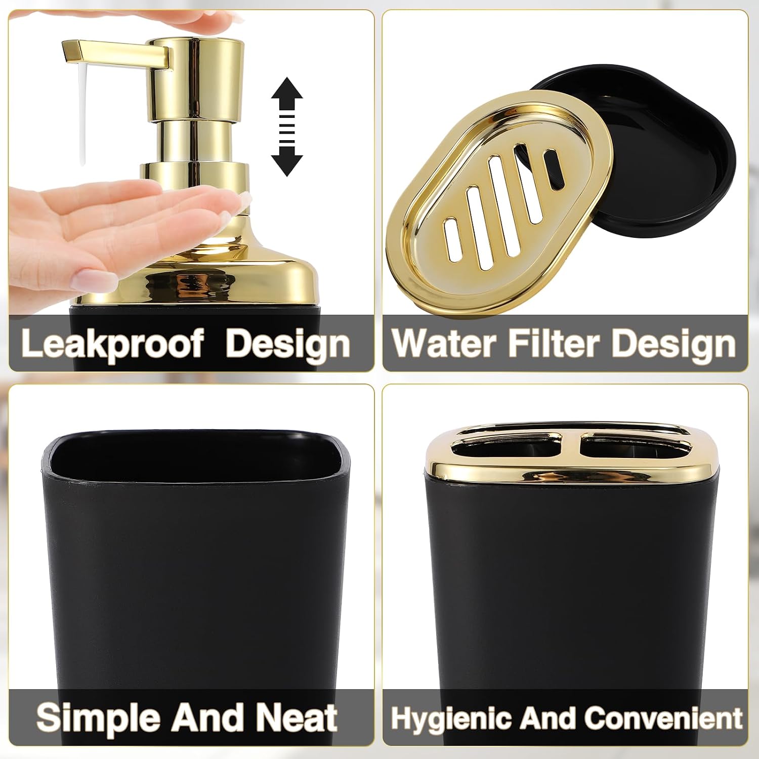 XLHOMO Black Bathroom Accessories 8 Piece Black and Gold Bathroom Set, Bathroom Accessories with Stainless Steel