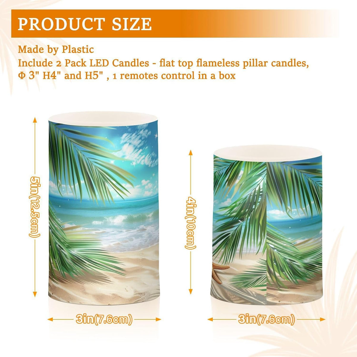 Flickering Flameless Candles, Palm Leaves Starfish Beach LED Candles with Remote Timer, Set of 2 Battery Operated