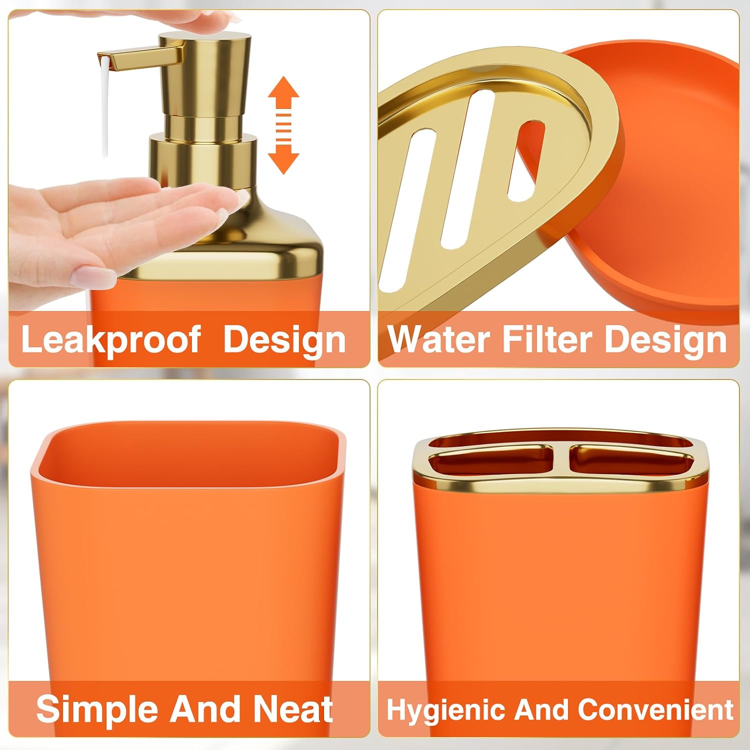 XLHOMO Bathroom Accessories 8 Piece Orange and Gold Bathroom Set, Bath Accessories with Stainless Steel Trash