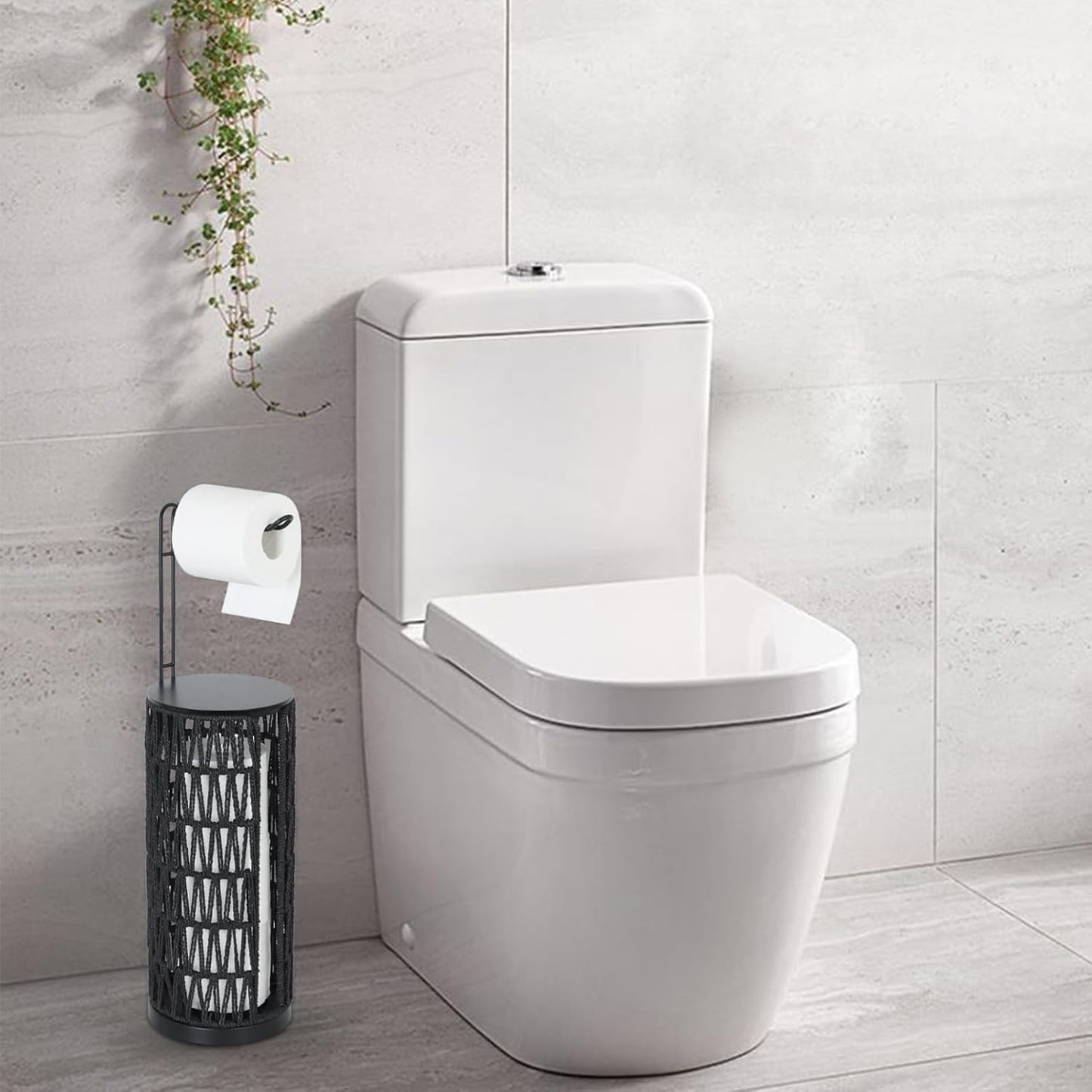 Black Freestanding Toilet Paper Holder with Storage,3 Rolls of Tissue Holder for Bathroom,Handmade Woven Toilet Paper