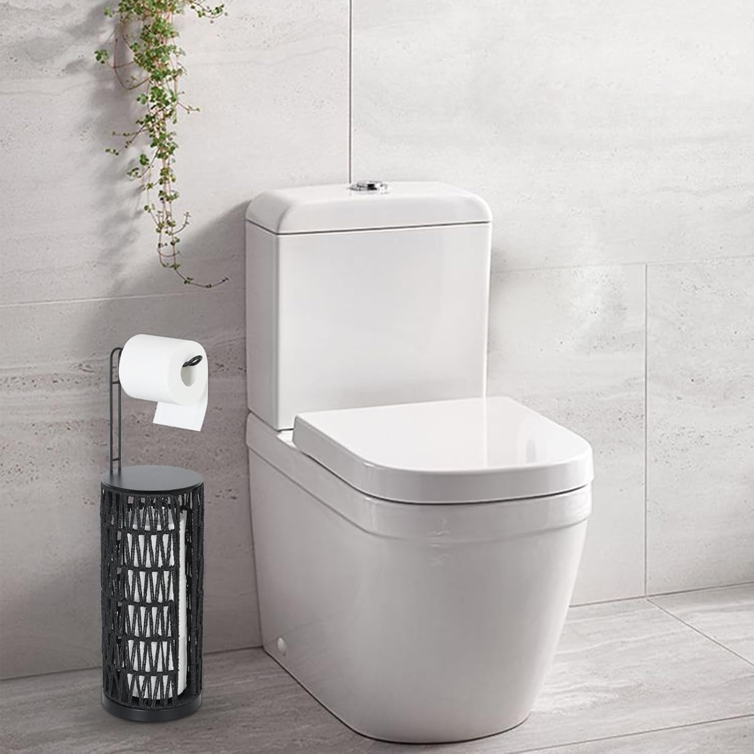 Black Freestanding Toilet Paper Holder with Storage,3 Rolls of Tissue Holder for Bathroom,Handmade Woven Toilet Paper