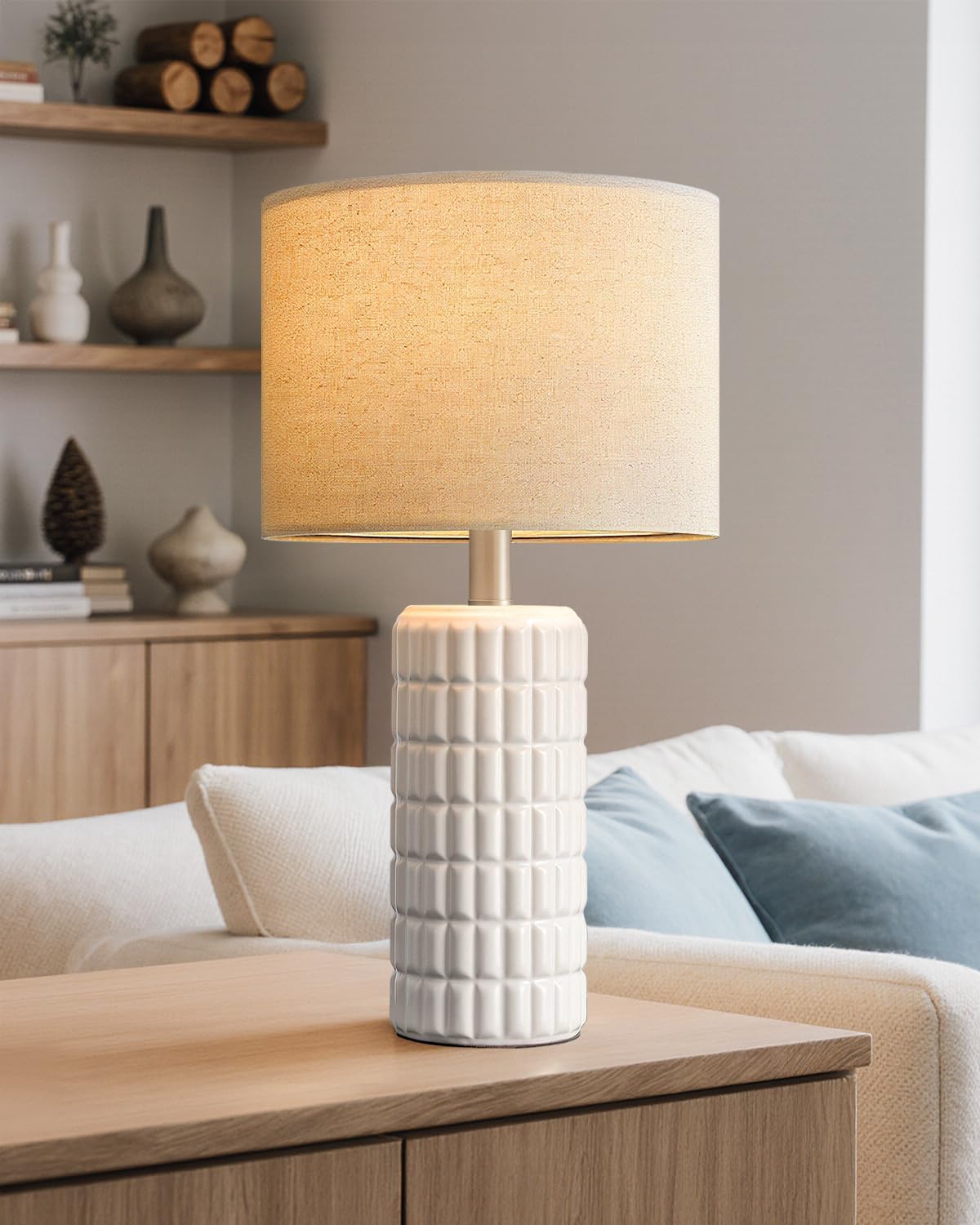 Seealle 23" Single Modern Ceramic Table Lamp, Nightstand Lamp, White