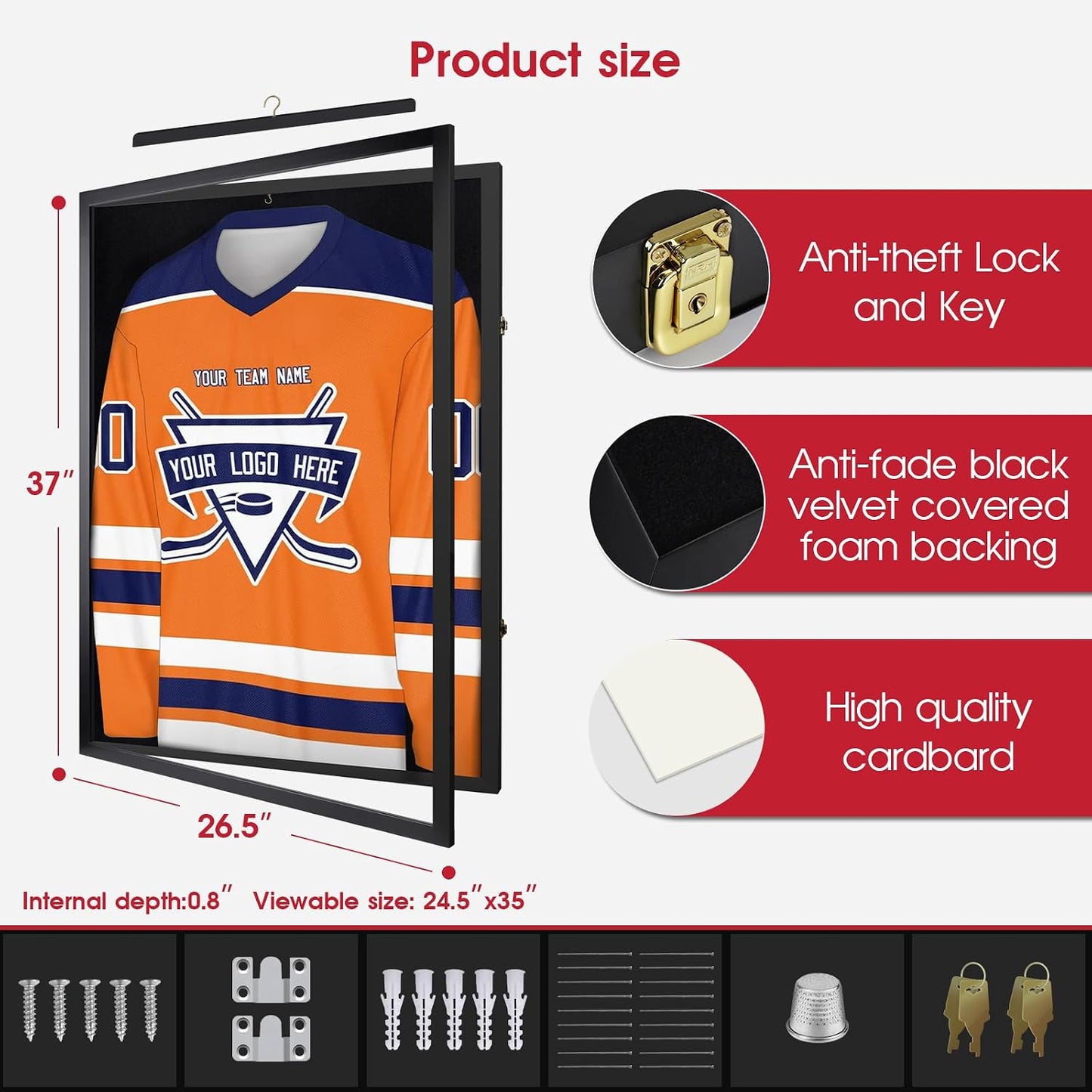1DOT2 26x37 XL Large Jersey Frame Display Case with Pine Wood, Lockable | For Wall Display, Lockable Shadow Box Frame