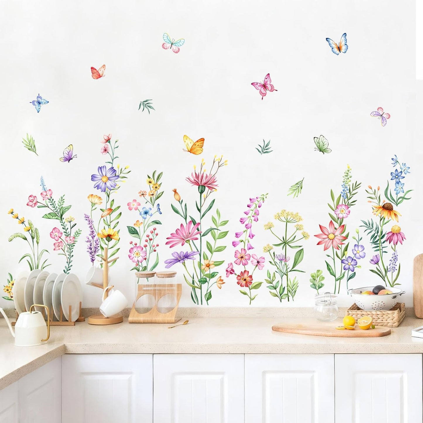 Flower Wall Decals Watercolor Wildflower Grass Butterflies Wall Stickers Peel / Retro Wildflower