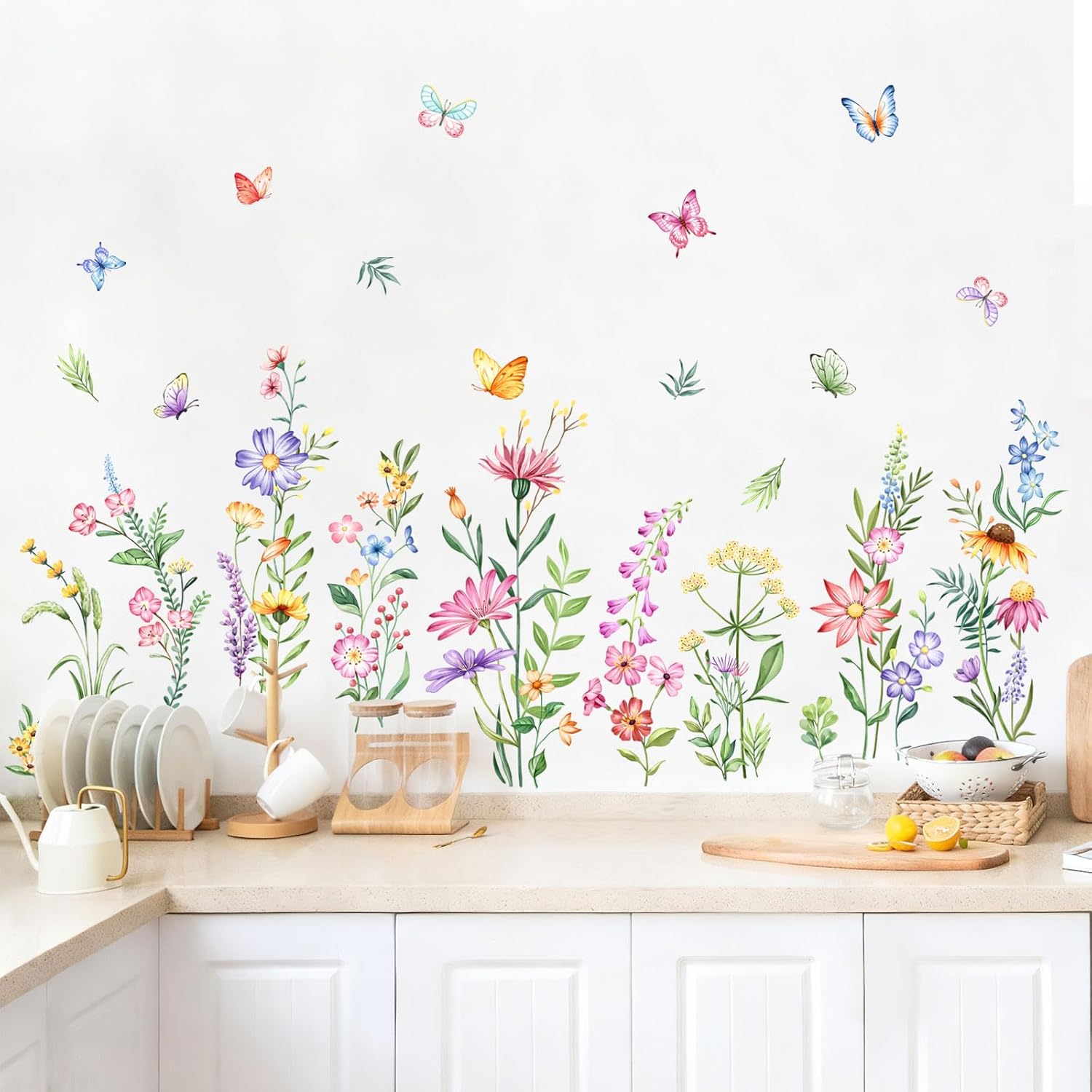 Flower Wall Decals Watercolor Wildflower Grass Butterflies Wall Stickers Peel / Retro Wildflower