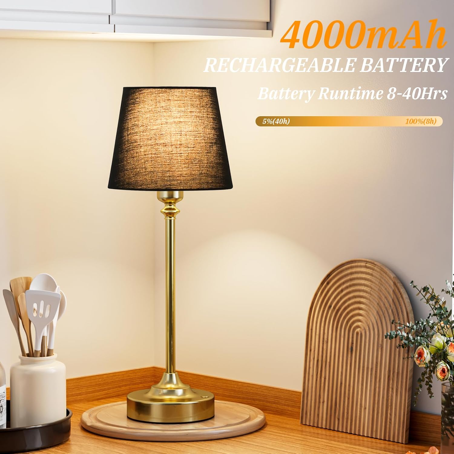 Kakanuo Cordless Table Lamps Rechargeable Set - 2 Pack Brass 4000mAH Battery Operated Lamps for Decor, 3000K Stepless