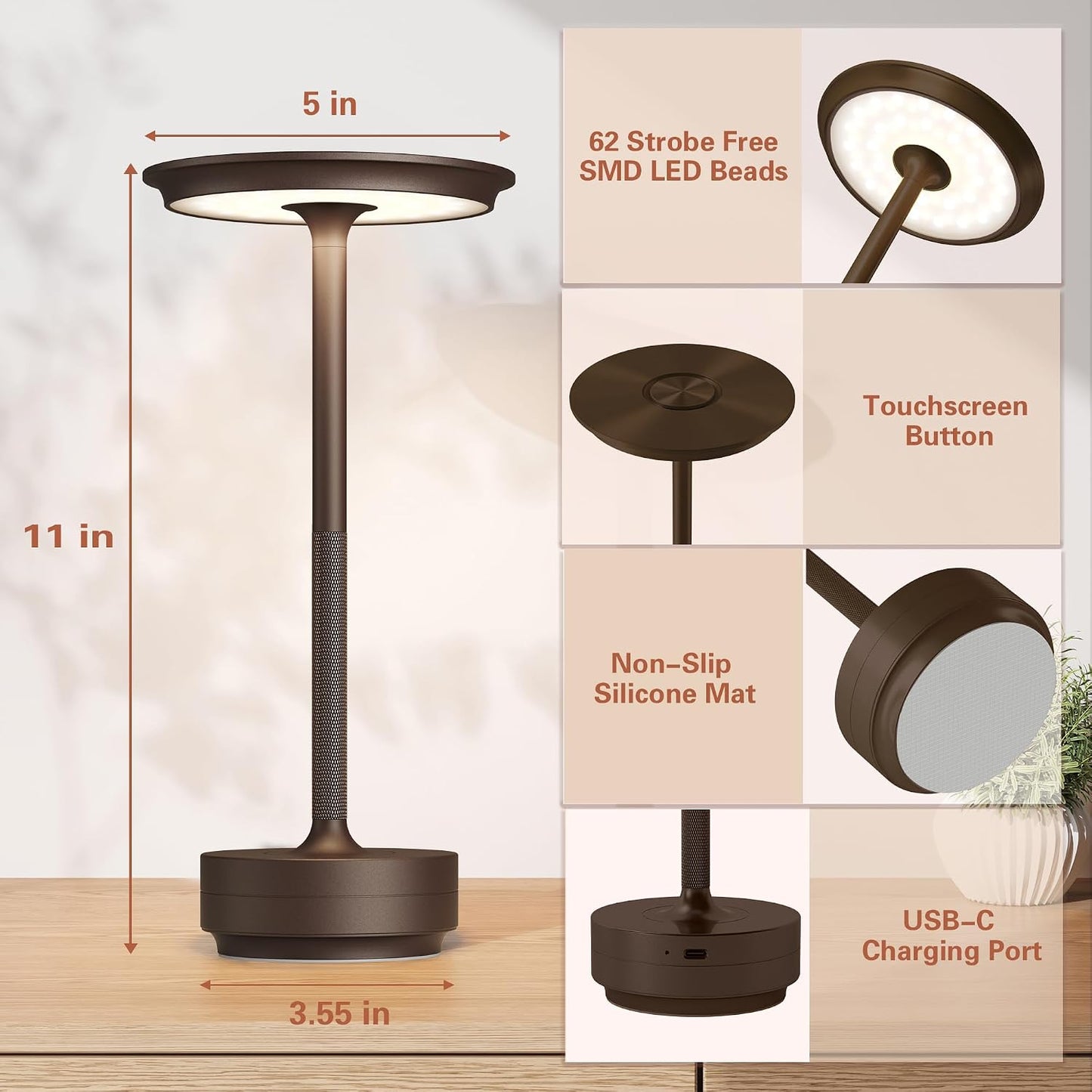 Cordless Table Lamp, Rechargeable 5000mAh Outdoor LED Touch Lamp | 3 Levels Brightness Dimming IP54 Waterproof Touch