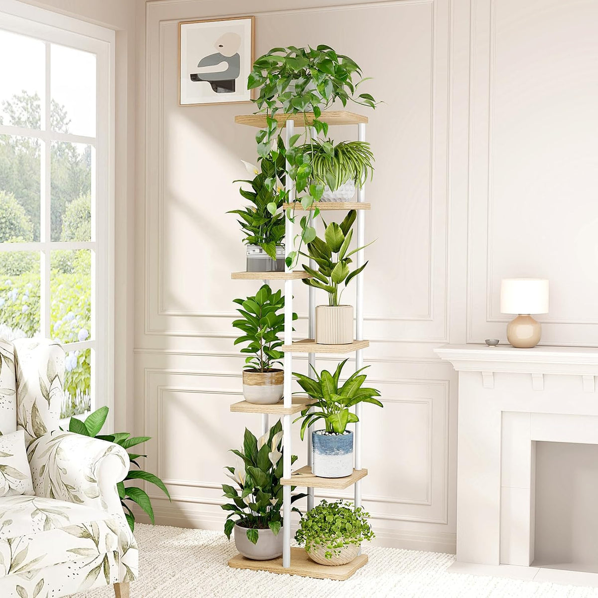 Bamworld Plant Stand 7 Tier Tall Shelf for Multiple Plants White | Tiered indoor shelf creates vertical display space