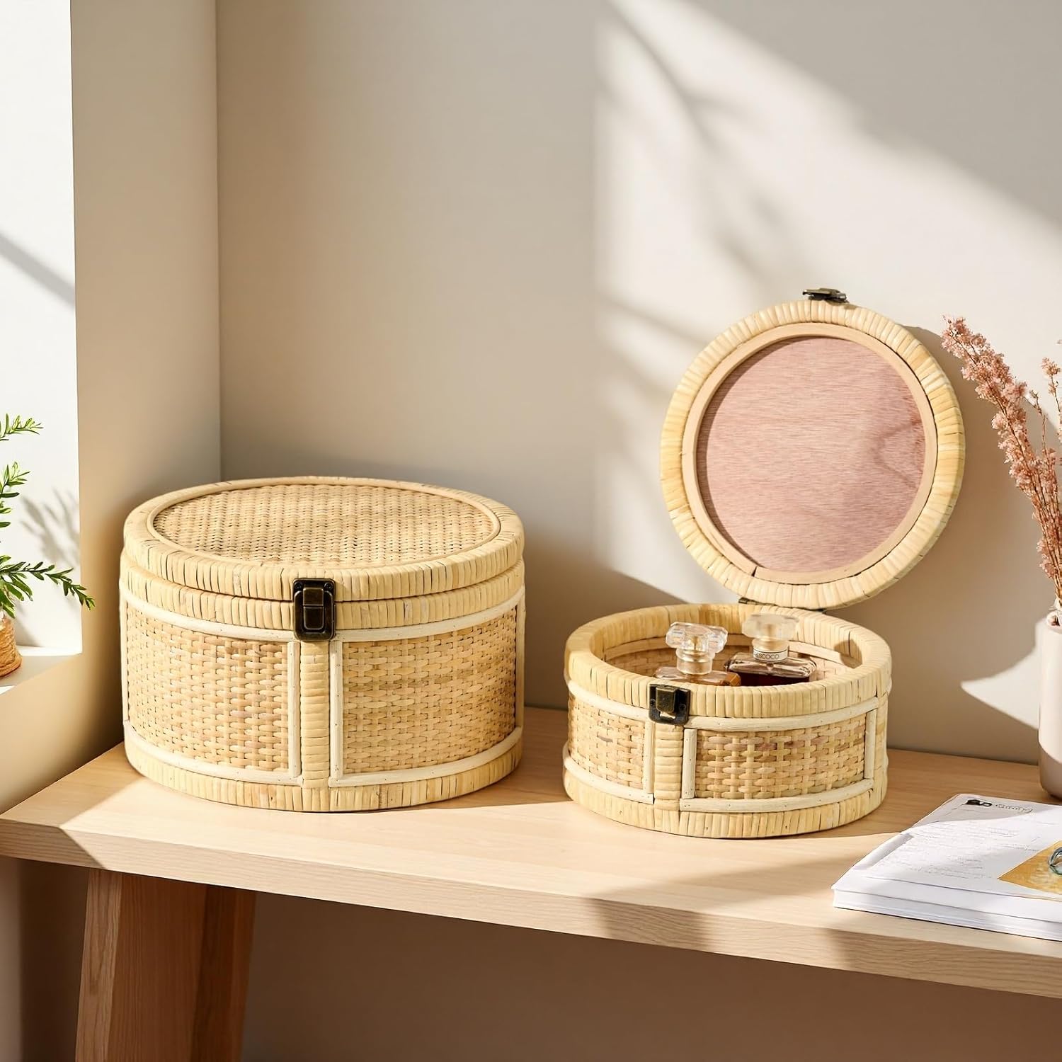 Lids Wooden Frame Decorative Rattan Round Baskets Set Handmade Woven Wicker / Natural / Set of 2