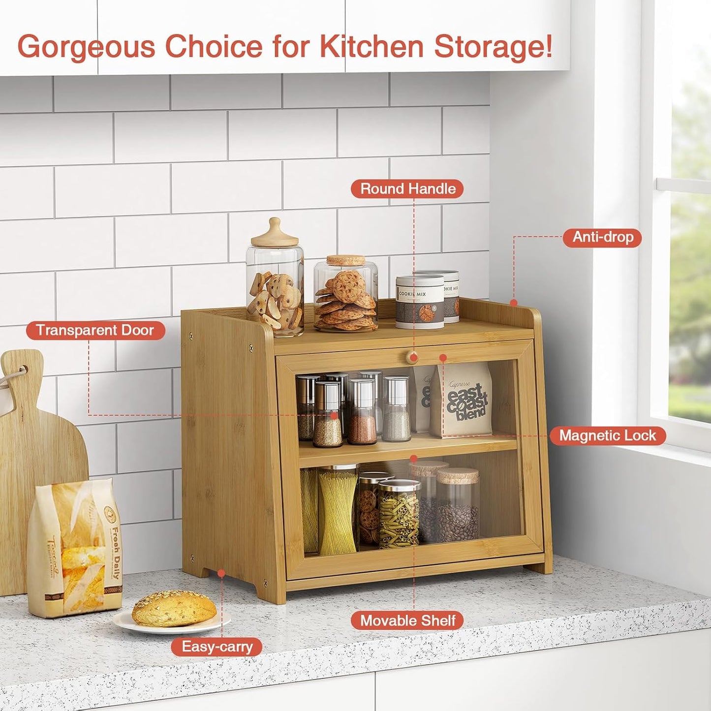 Goozii Bamboo Bread Box for Kitchen Countertop, Wooden Kitchen Counter Organizers and Storage for Bread, Coffee