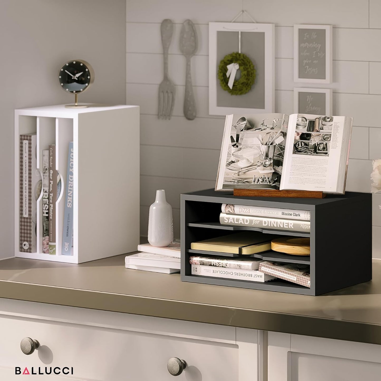 Ballucci File Organizer, 3-Tier Document Paper Sorter, Stackable Wood Desk Organizer, Mail Sorter and Monitor Stand