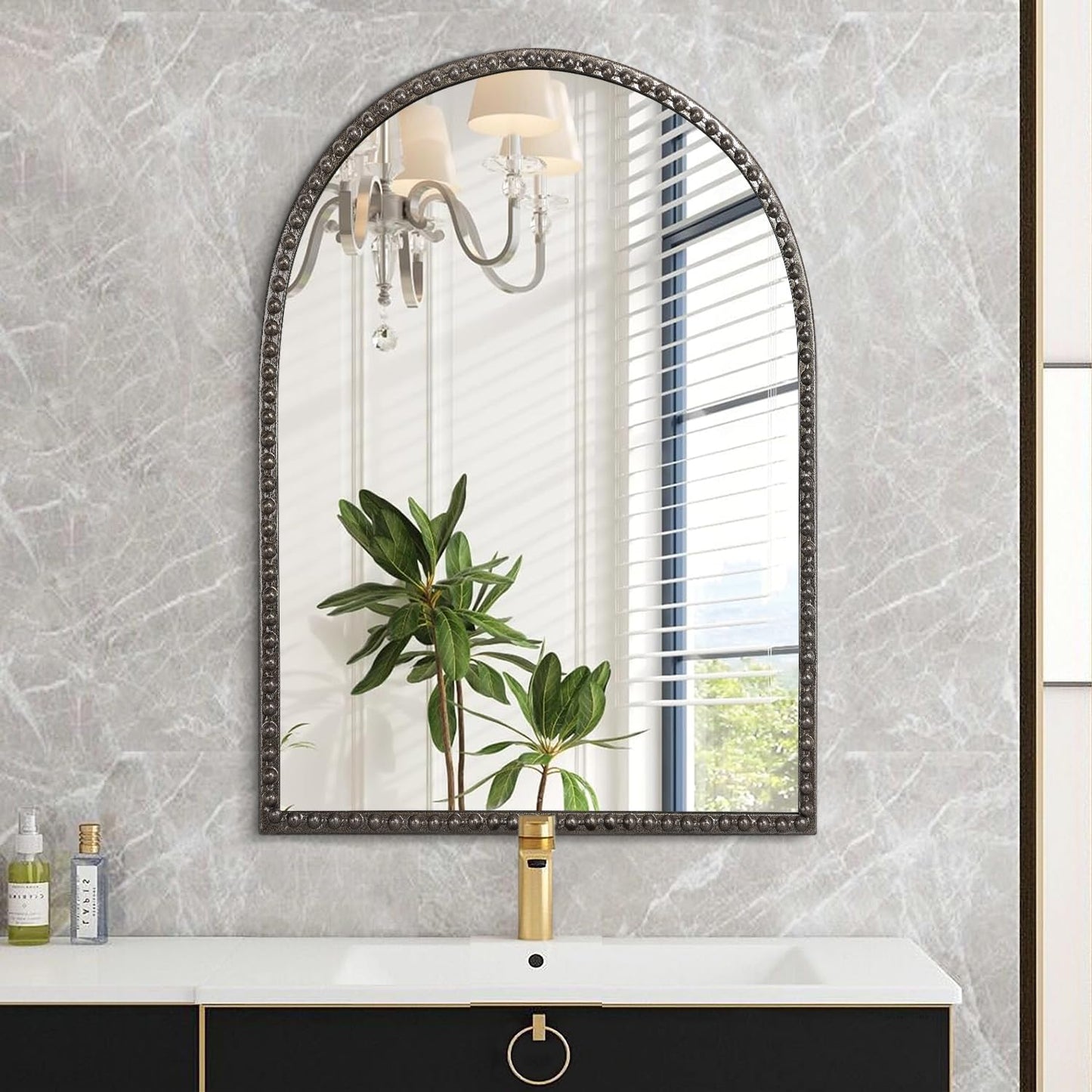 Metal Beaded Frame Decor Mirror for Vanity Accent / 30"L x 20"W / Brass / 30 x 20