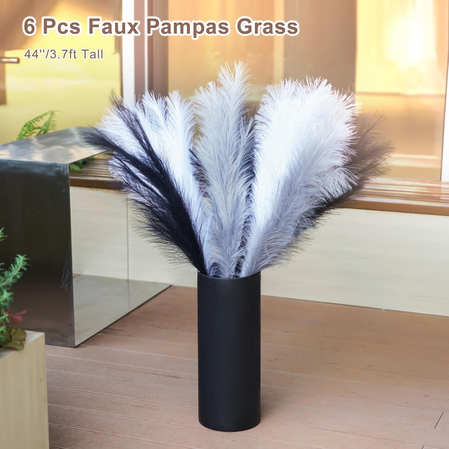 Pampas Grass Decor Tall 44''/ Fluffy Large Pompas Grass / Black White Gray / 3.7 Inch / Set of 6