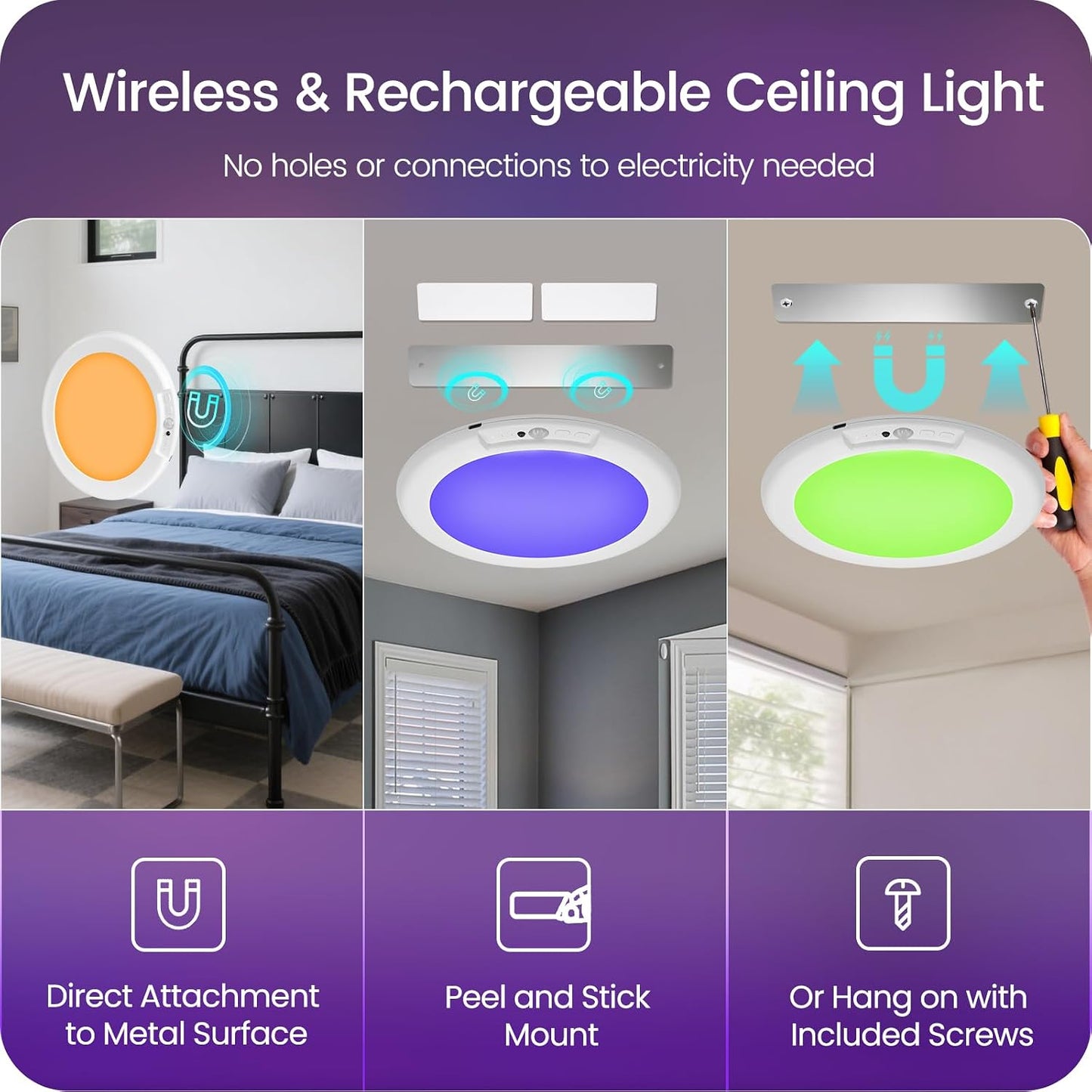 2 Pack Motion Sensor Rechargeable Shower Lights with Remote, RGBW Battery Operated Ceiling Light, Wireless, Color