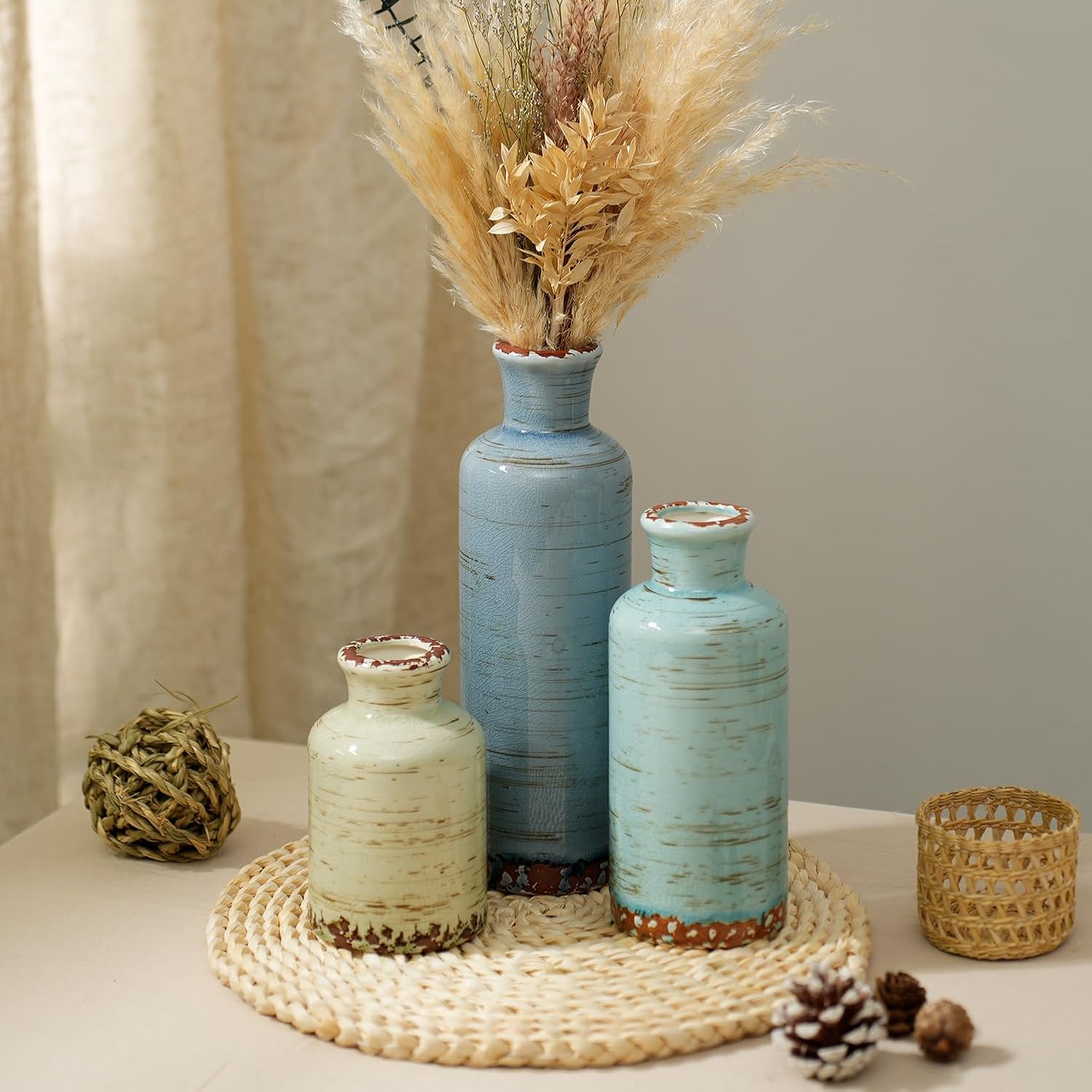 Rustic Farmhouse Vase / 105-pale Teal Wood / Set of 3