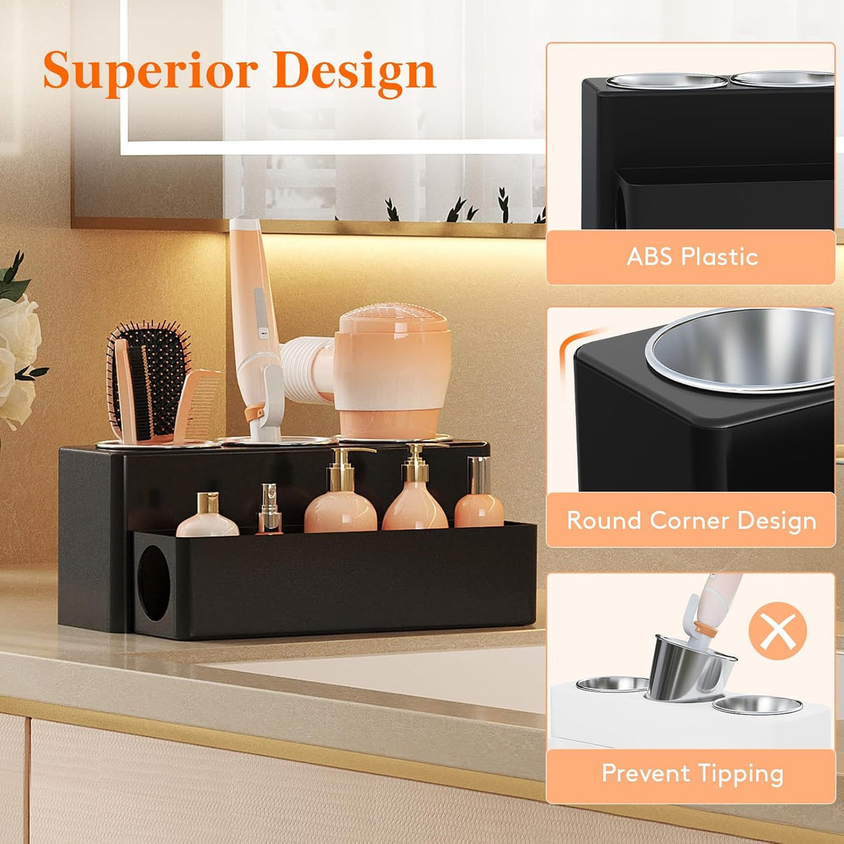 Lifewit Hair Tool Organizer Dryer Holder Countertop with 3 Cups, Black | 3 Stainless cups Tools Organizer, Acrylic body