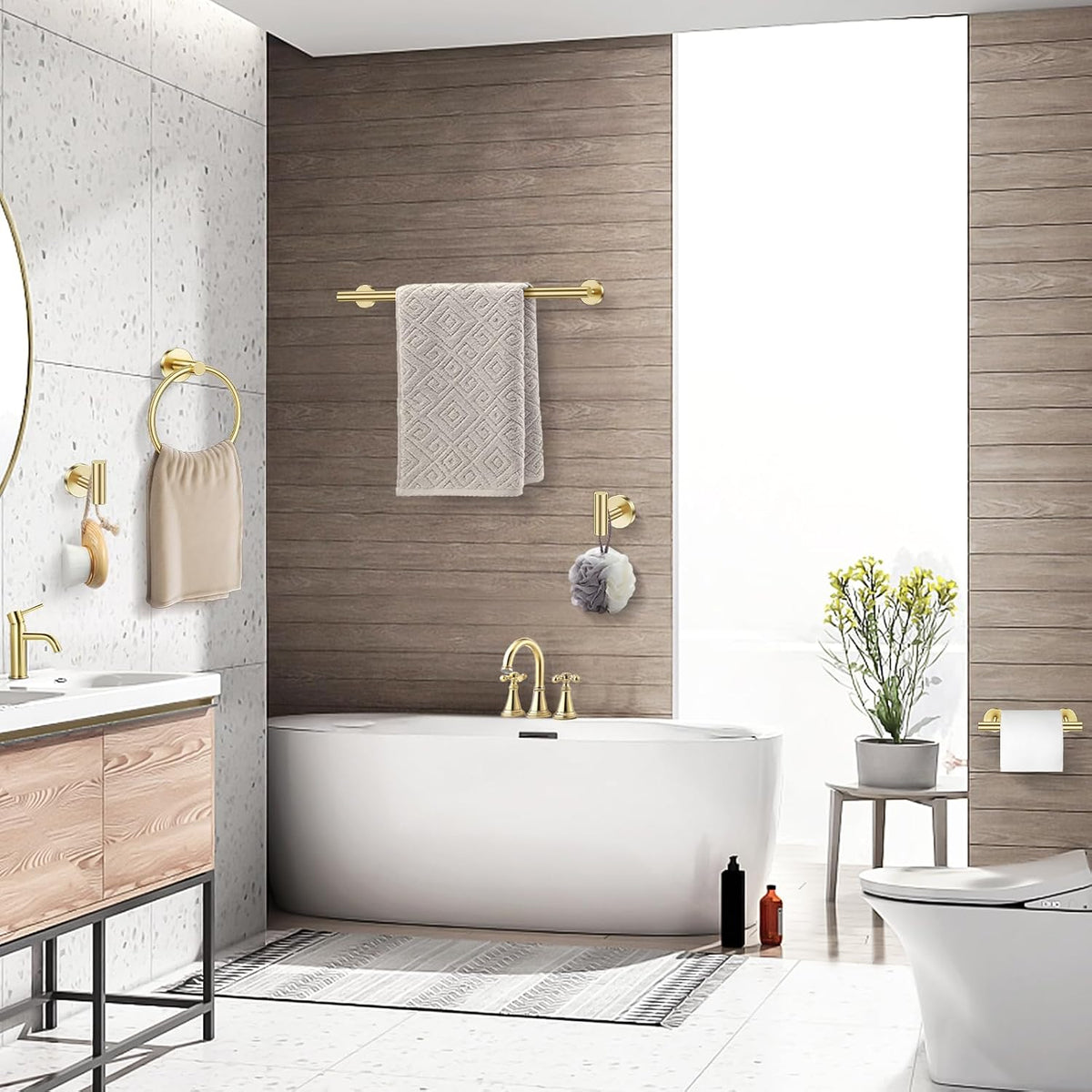 TQKAG Brushed Gold Bathroom Accessories, 5 Piece Towel Racks for Bathroom | 23.6" Bathroom Hardware Set, SUS304