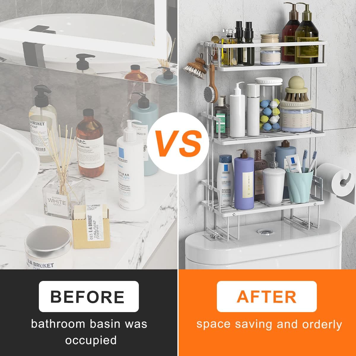 FLOLXNB Over The Toilet Storage,3-Tier Bathroom Organizer Shelves with Paper Holder, Multifunctional Toilet Rack,No