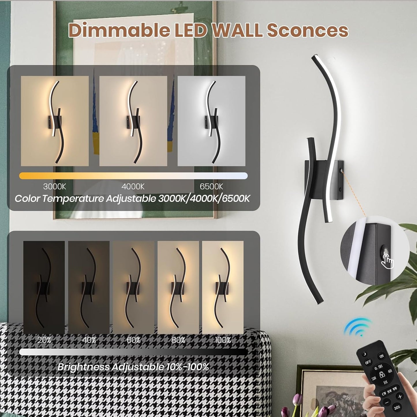 Battery Operated Wall Sconces Set of 2, Dimmable Rechargeable Battery Wall Light with Remote Control, 3000K-6500K LED
