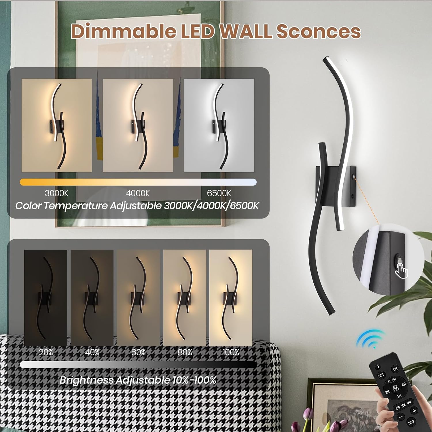 Battery Operated Wall Sconces Set of 2, Dimmable Rechargeable Battery Wall Light with Remote Control, 3000K-6500K LED