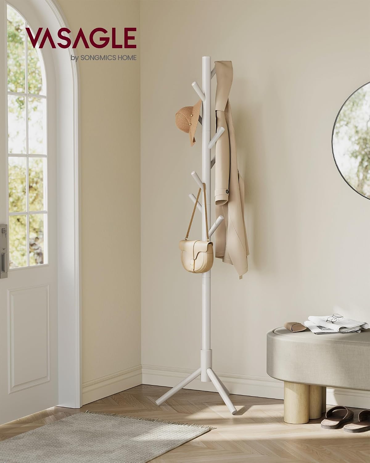 VASAGLE Solid Wood Coat Rack, Free Standing, Tree-Shaped, with 8 Hooks | Coat Tree，3 Height Options, for Clothes, Hats