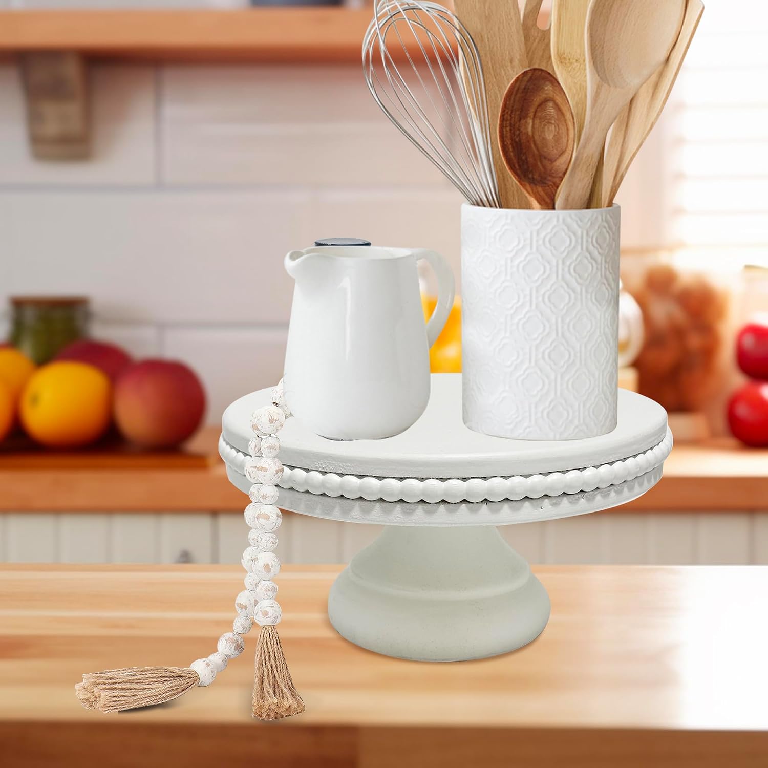 Shabby Chic Pedestal Tray Decor / White / 8.25 Inch
