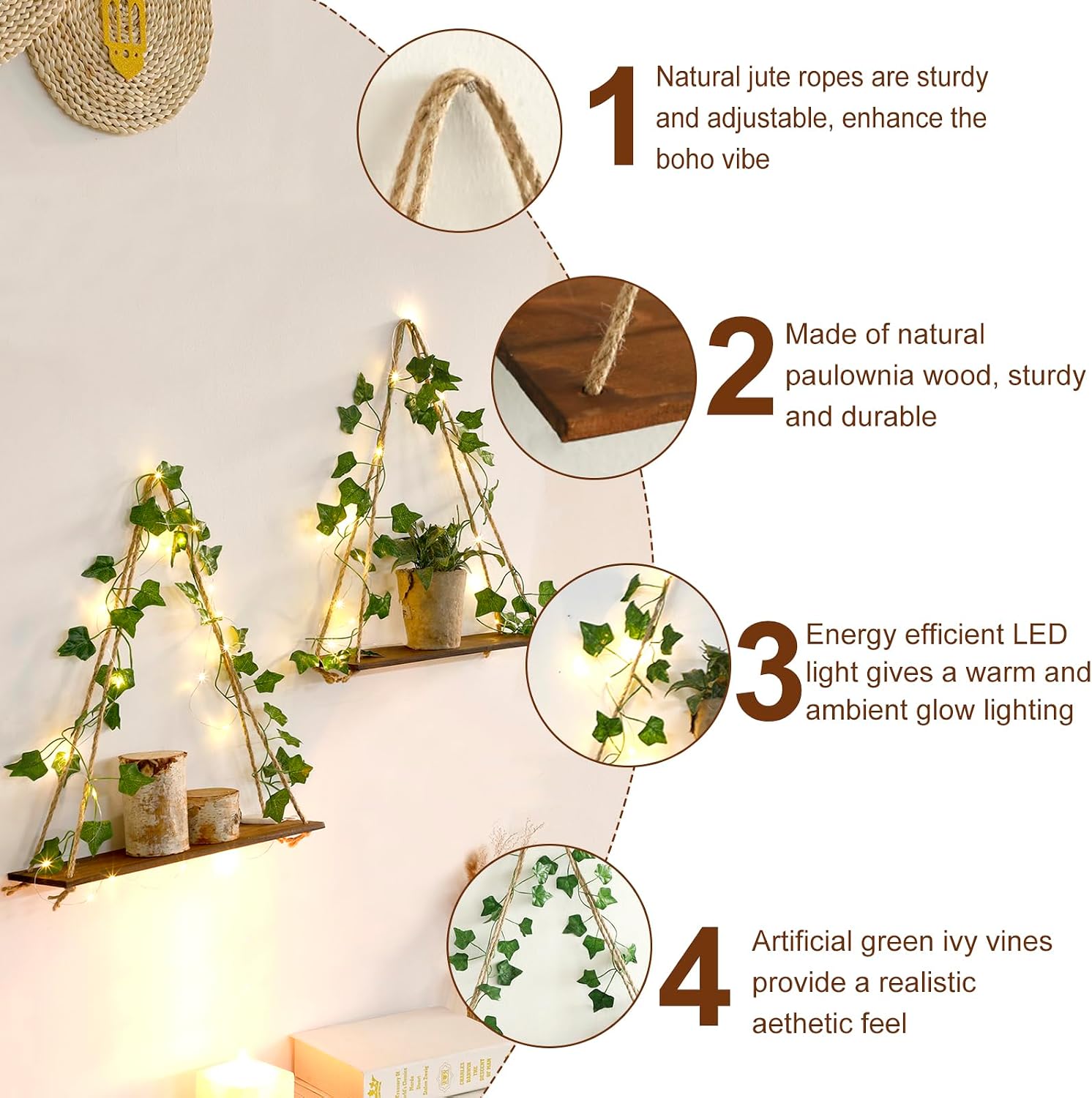 Artificial Ivy Wall Hanging Shelves Boho Floating Shelves Wall / Brown Artificial Ivy / Set of 2