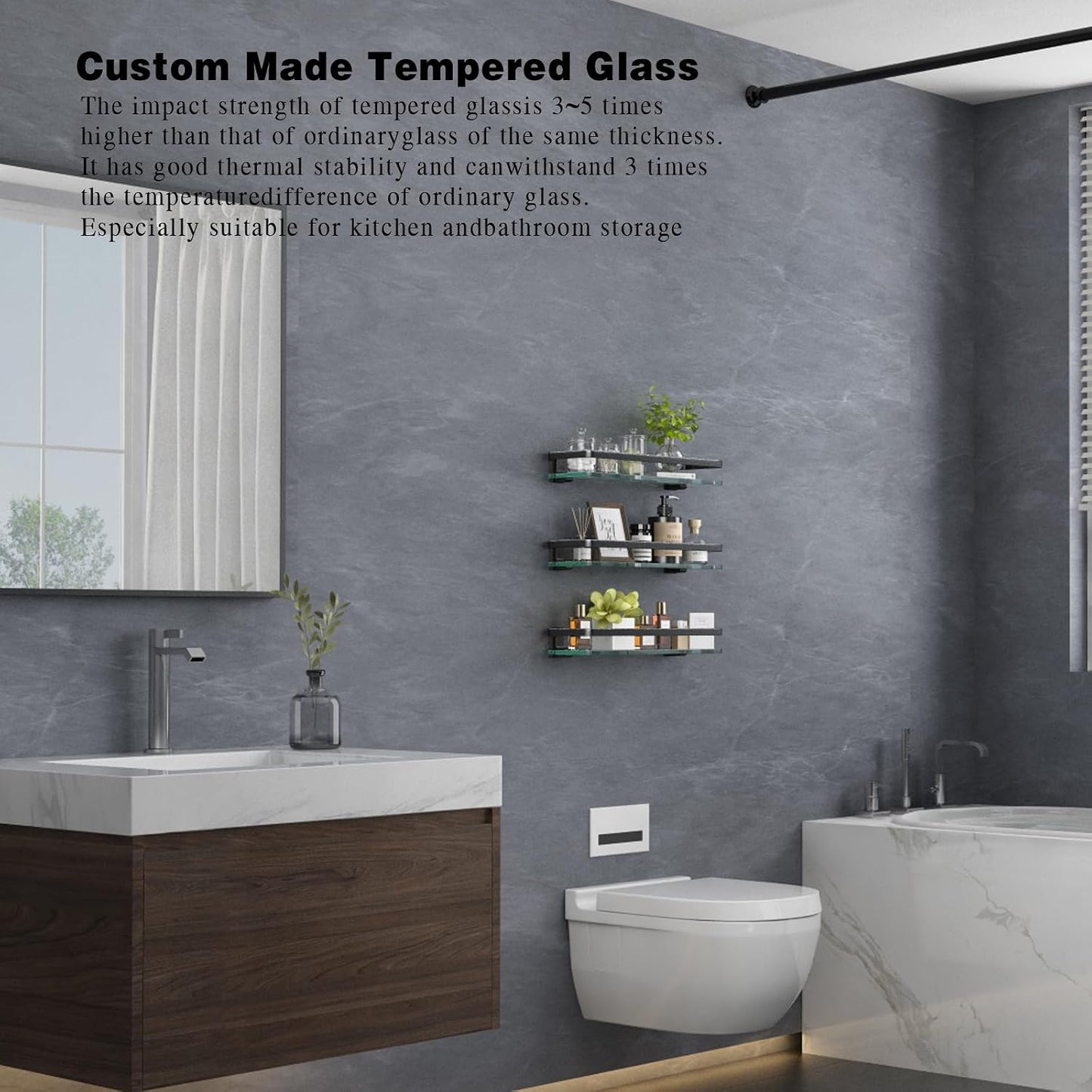 Bathroom Wall Shelf 15.7in Bathroom Glass Shelves Wall Mount Glass Shelf Rustproof Bathroom Wall Organizer 3 Tier