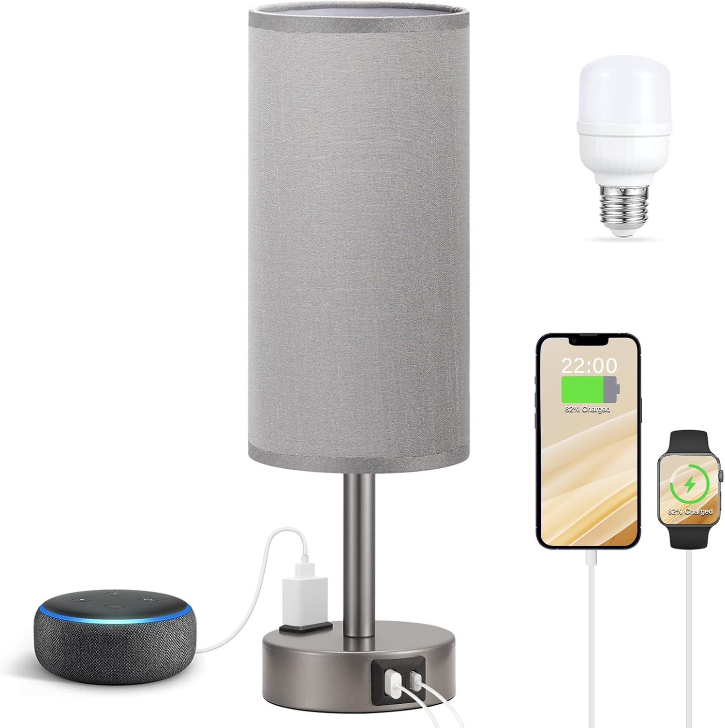 Fenmzee Grey Bedside Lamp for Bedroom, Dimmable Touch, USB A+C, AC Outlet