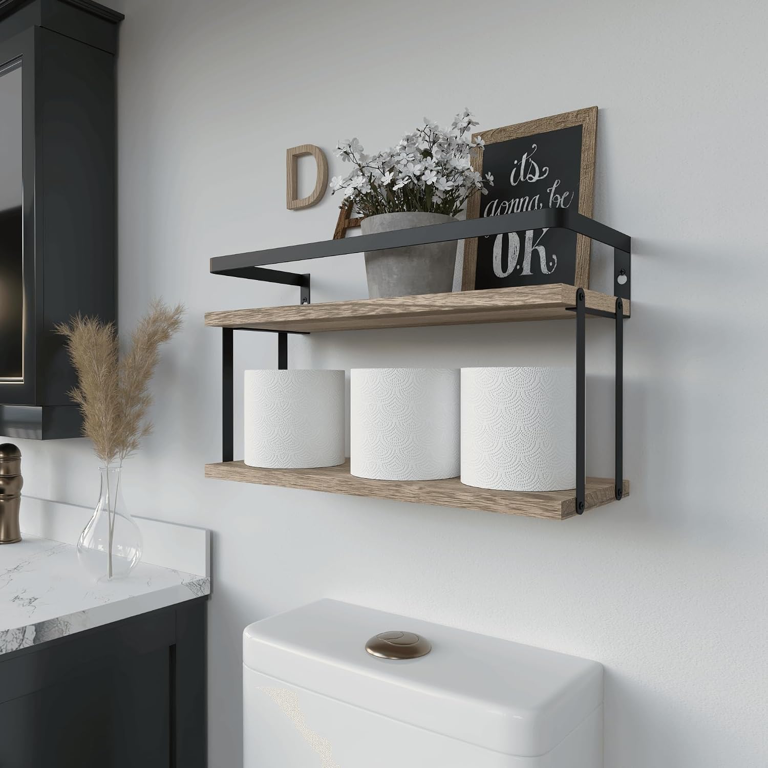 RICHER HOUSE Floating Shelves Bathroom, Wall Mounted Shelf Over Toilet | Dual-Level, with Metal Guard-Rail, Organizers