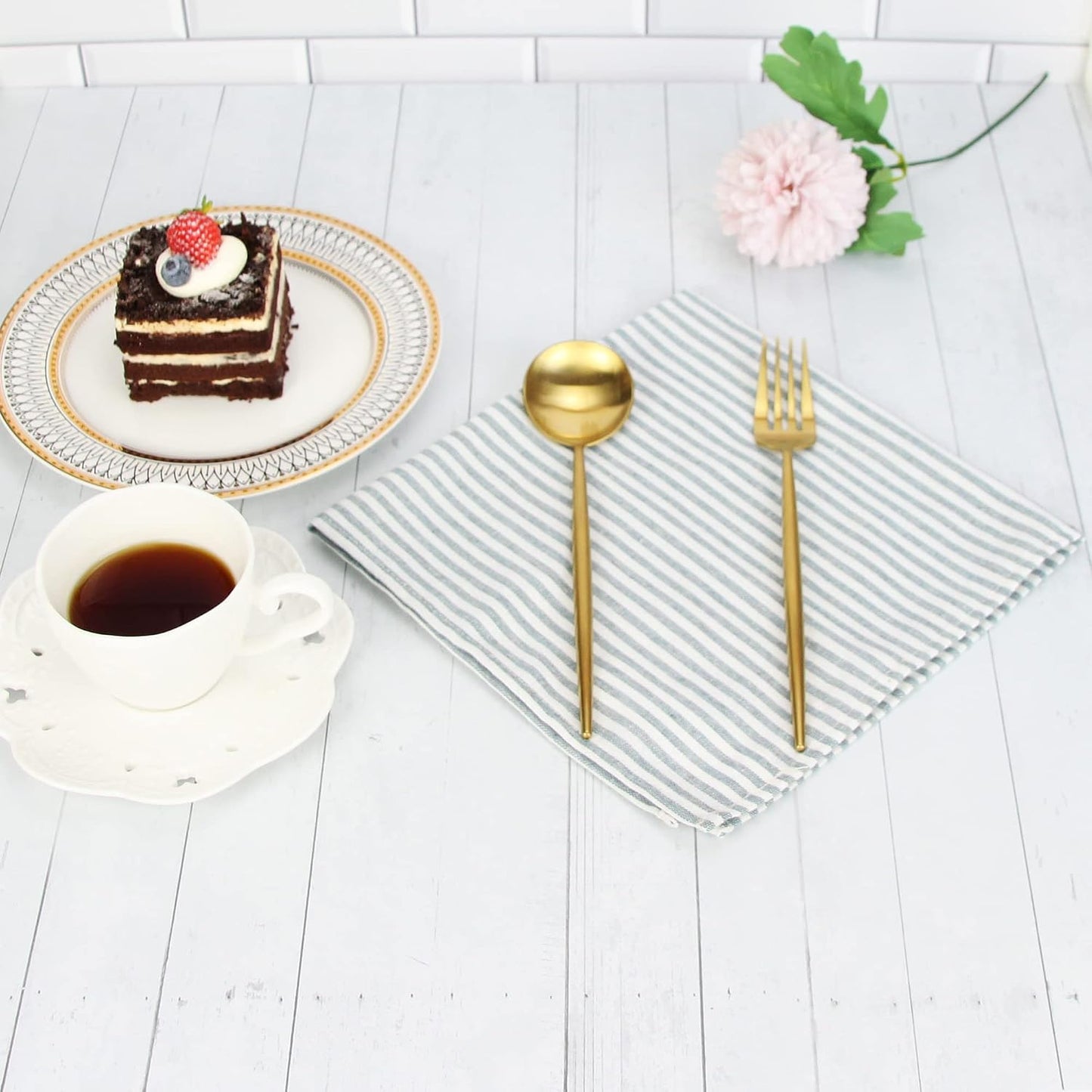 Plain Striped Cotton Linen Blended Dinner Cloth Napkins - Set of 12 (17 x 17 inches) - for Events & Home Use (Ocean)