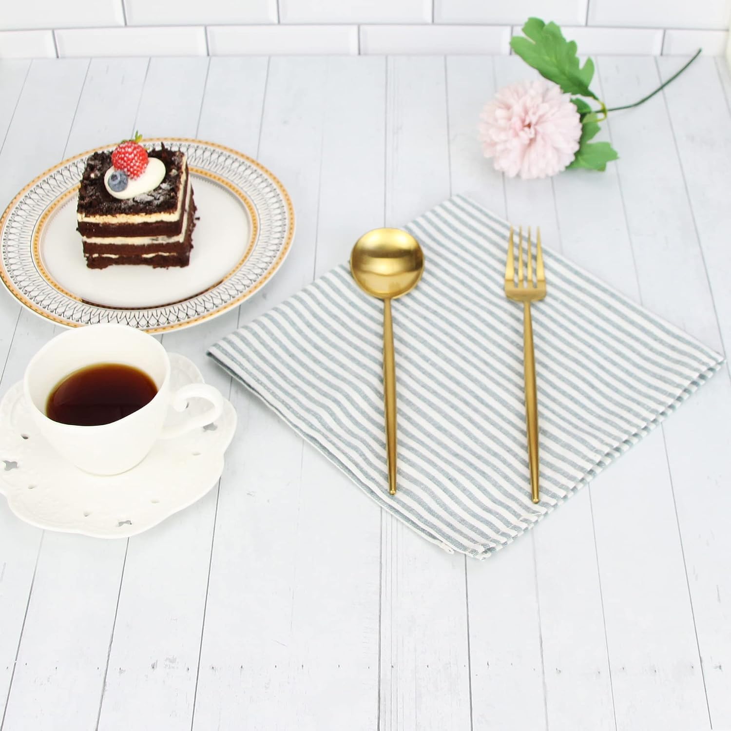 Plain Striped Cotton Linen Blended Dinner Cloth Napkins - Set of 12 (17 x 17 inches) - for Events & Home Use (Ocean)