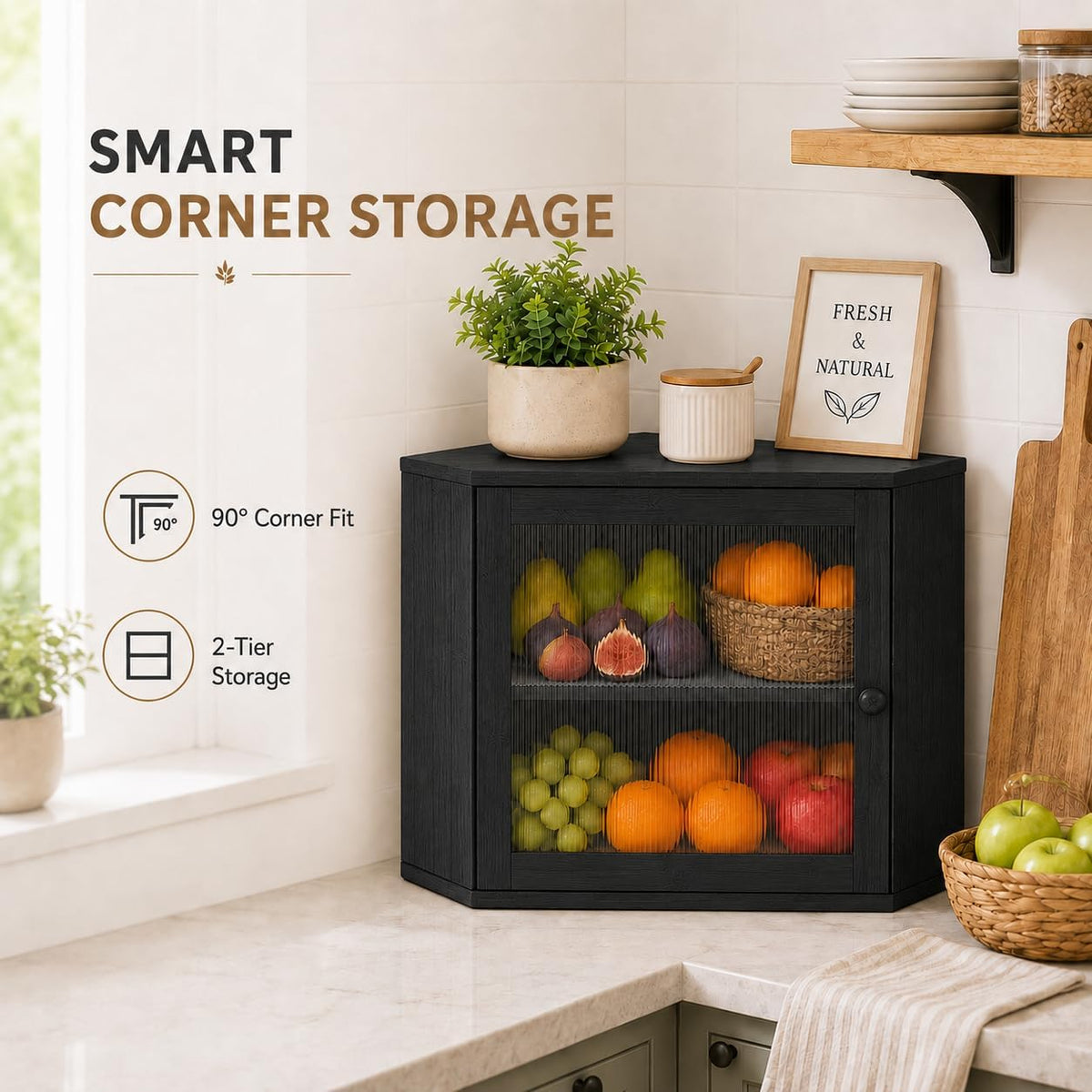 BAMBANG Corner Bread Box for Kitchen Countertop, Large Capacity Bamboo Wood Bread Storage Container, 2 Tier Farmhouse