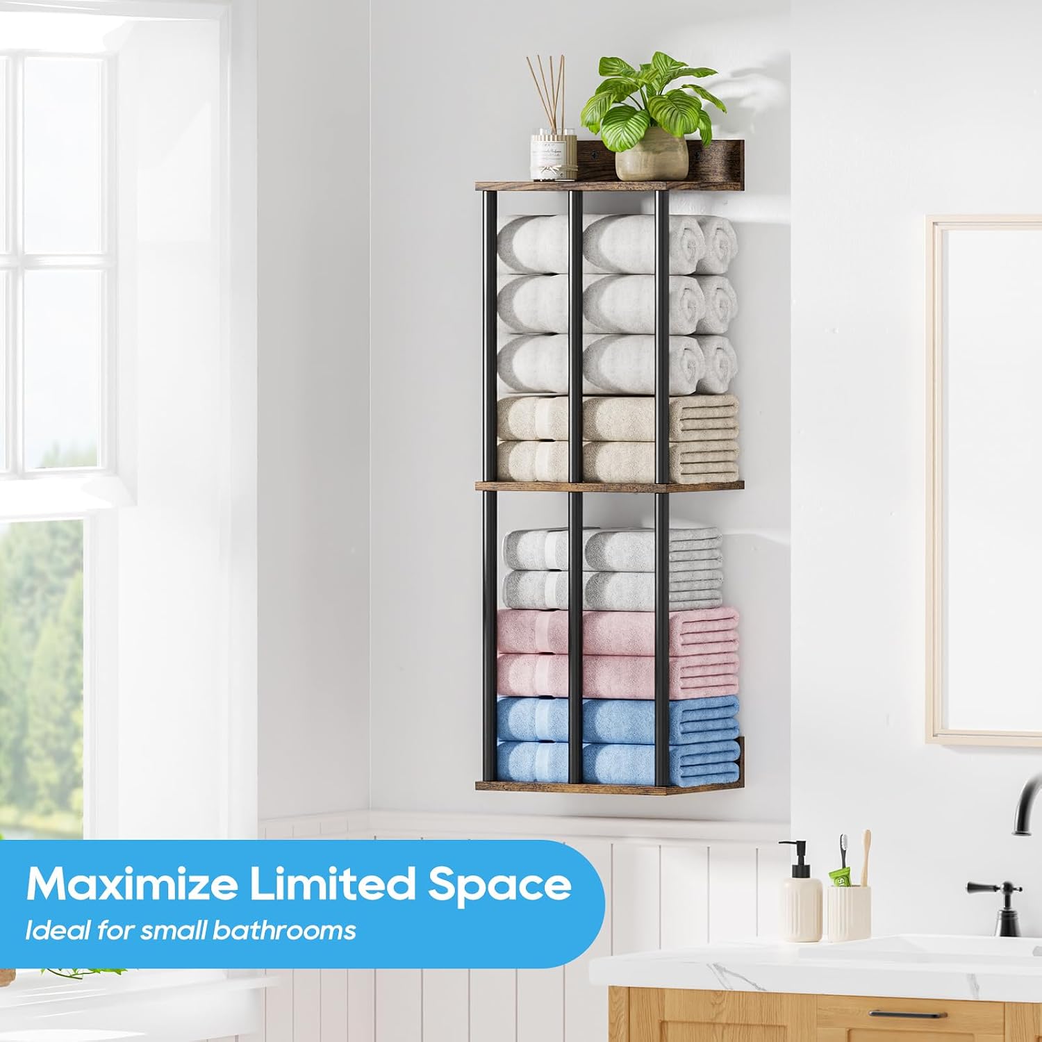 Towel Racks for Bathroom Wall Mounted with Wooden Storage Shelf | Updated 3 Bar Metal Towel Holder for Rolled Towels