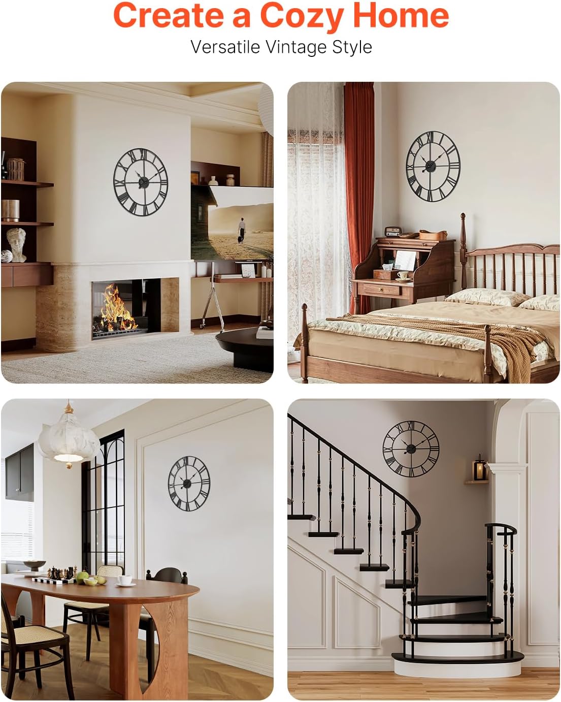 VEVOR Large Wall Clock, 24 in Wall Clock Roman Numerals, Battery Operated Non Ticking Classic Decorative Round Clocks