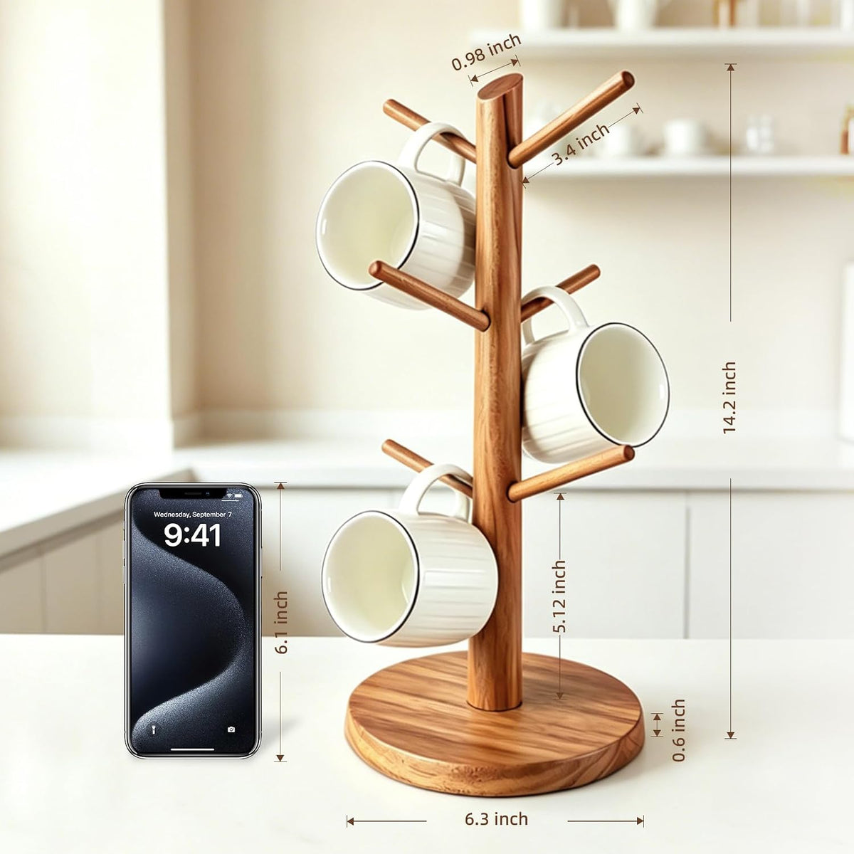 Large Acacia Wood Mug Holder Tree for Countertop | 6-Hook Coffee Mug Rack for Large & Tall Mugs, Wooden Coffee Cup