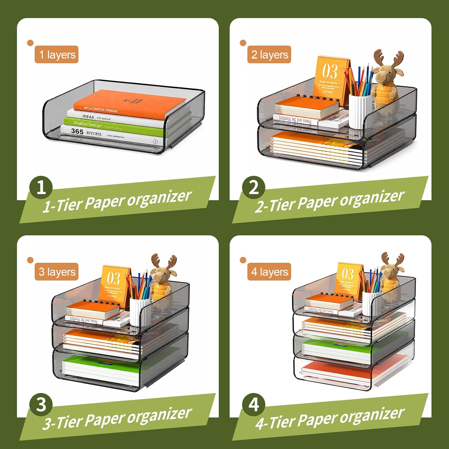 4-Tier Acrylic Paper Tray Organizer / Clear & Brown / 12.6 x 9.6 x 11