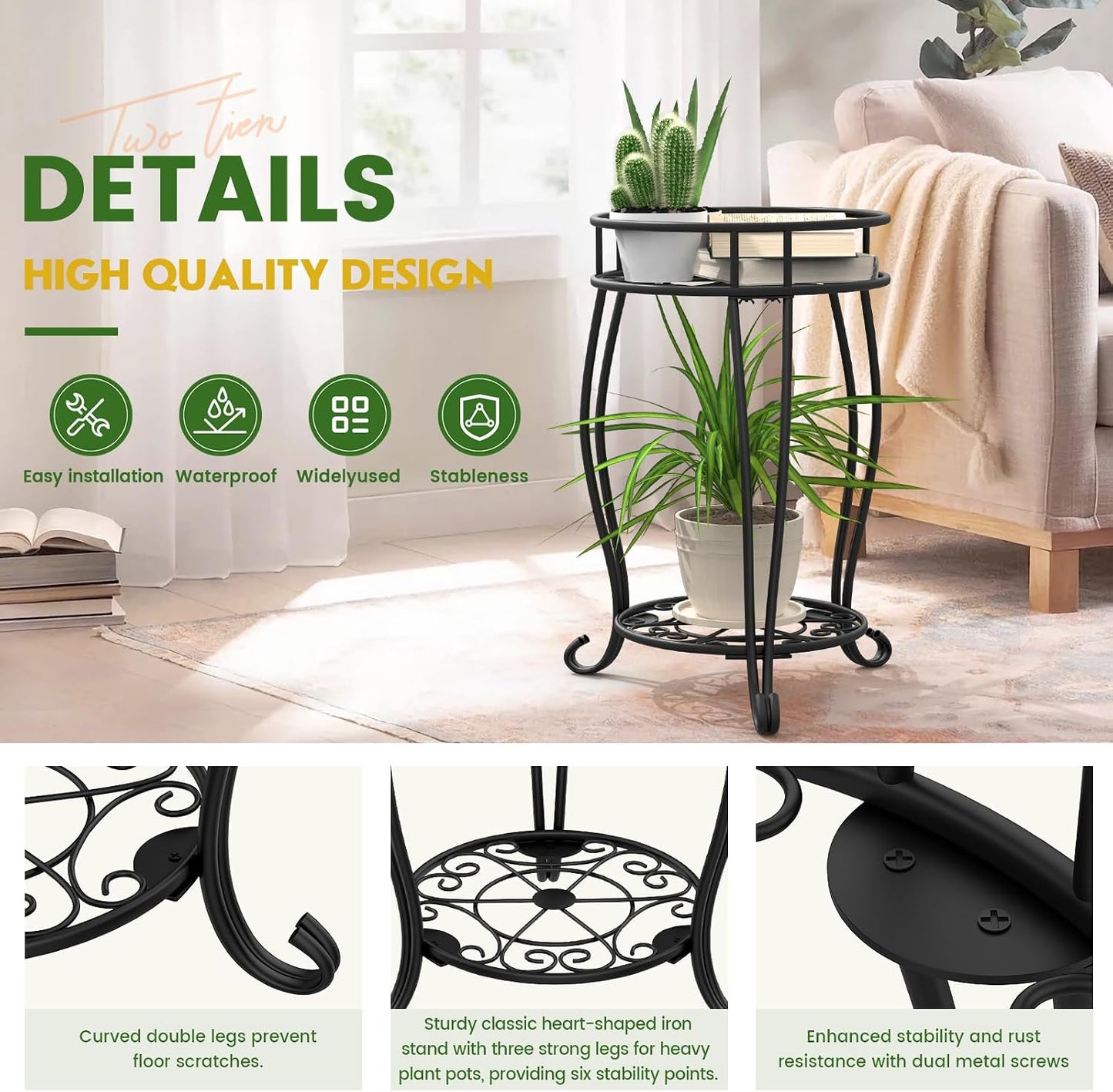 TOSKING 2-Tier & 9.1'' Single Metal Plant Stand Set,Indoor/Outdoor,Black | Single Stand with Adjustable Leveling Feet