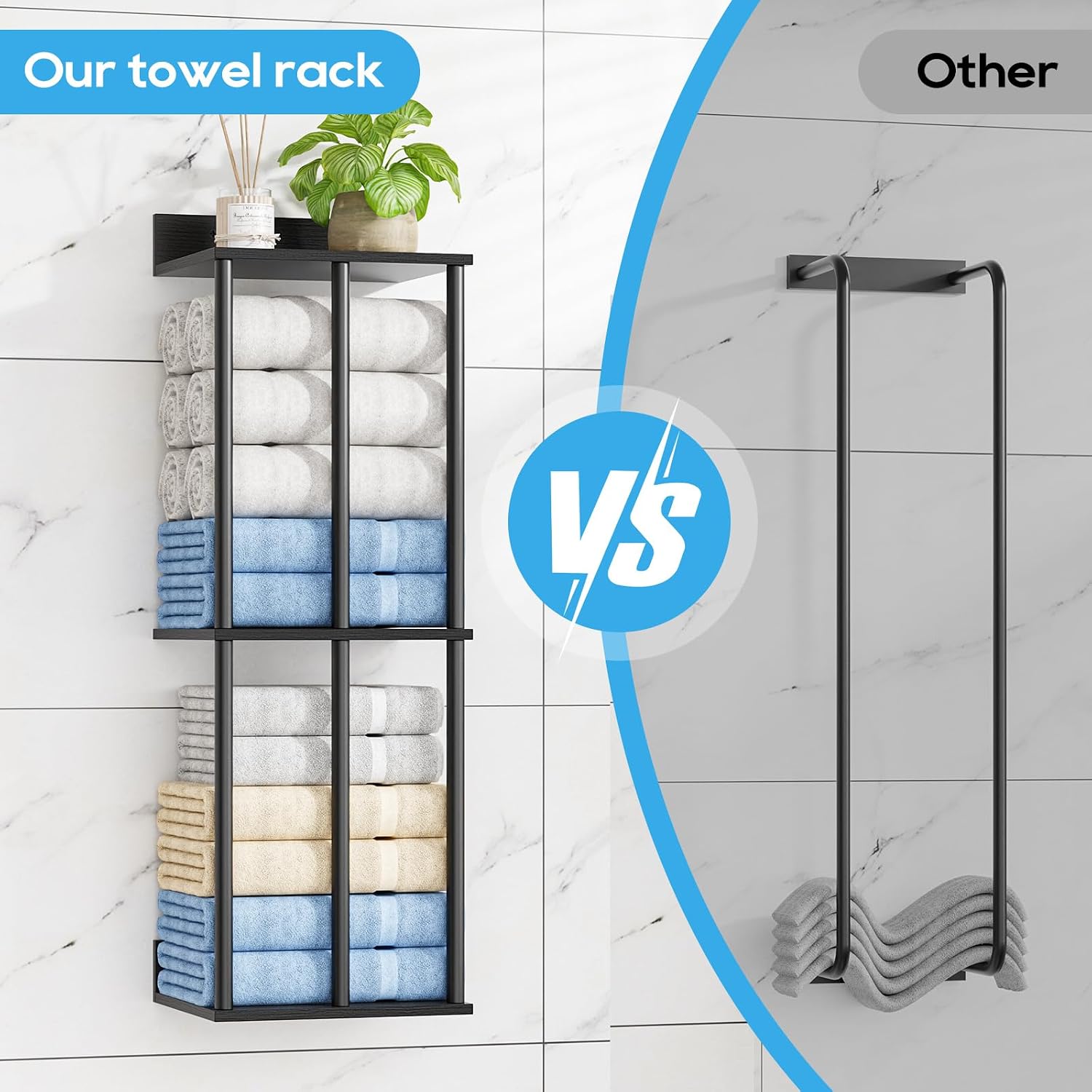 Towel Racks for Bathroom Wall Mounted with Wooden Storage Shelf | Updated 3 Bar Metal Towel Holder for Rolled Towels