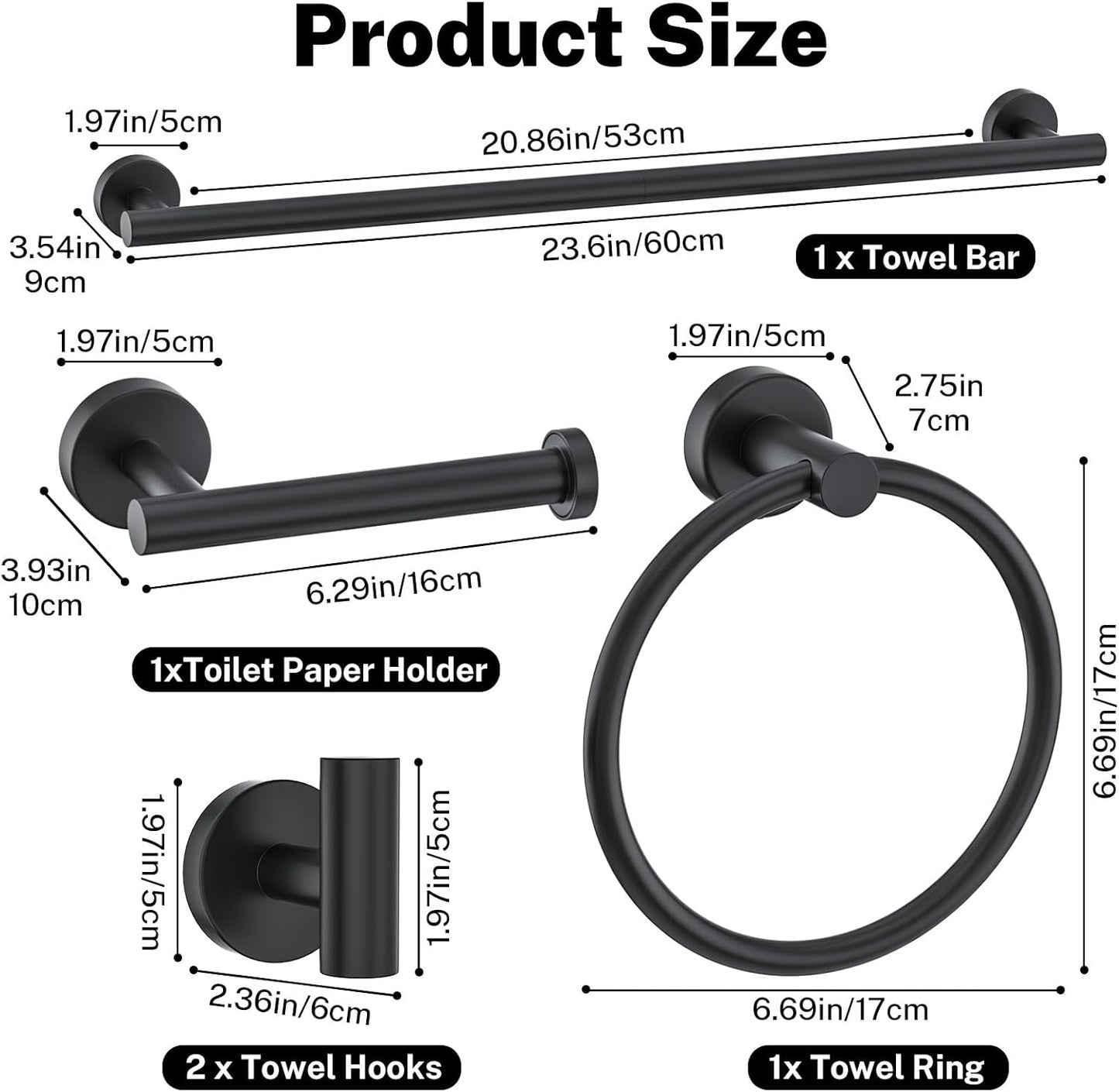 Matte Black Towel Bar Set 5-Piece Bathroom Hardware Accessories Set Includes 23.6in Towel Bar-Round Towel Ring-Toilet