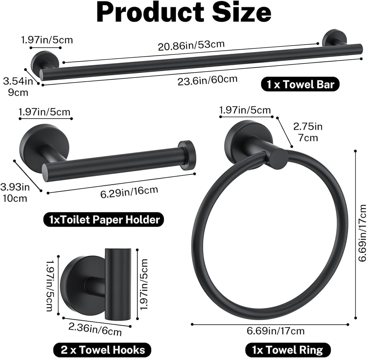 6 Pieces Towel Bar Set Matte Black Bathroom Hardware Set Includes 23.6 Inch Towel Bar,Stainless Steel Wall-Mounted