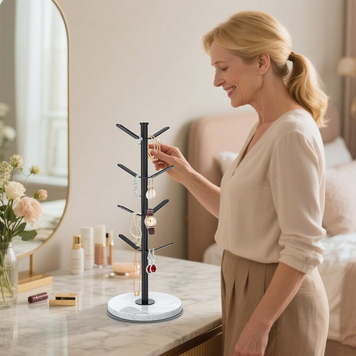 Marble Mug Holder Tree with 2–8 Adjustable Hooks | Detachable Stainless Steel Coffee Cup Stand with Modular Height and