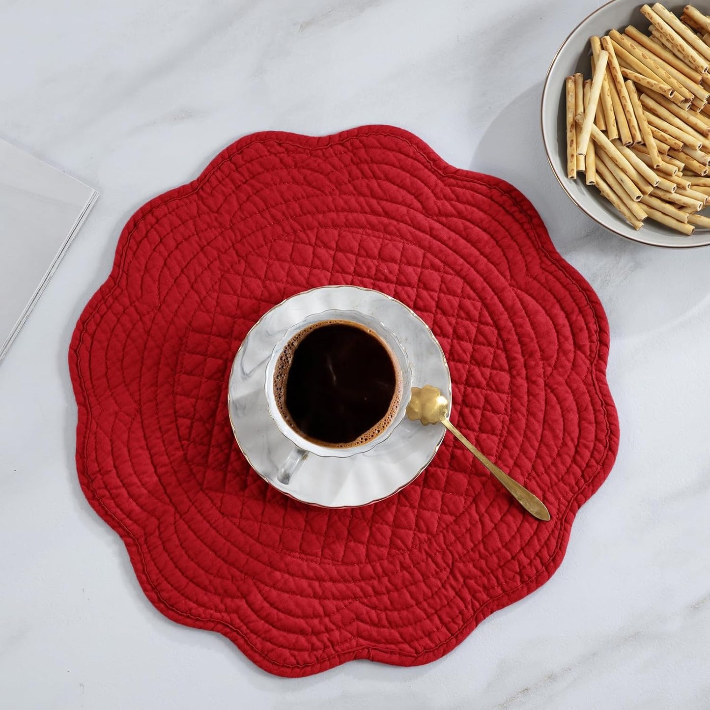 HOMBYS Quilted Placemats Set of 6 Washable Round Placemats for Kitchen Table-100% Cotton Fabric 14 Inch Round Table