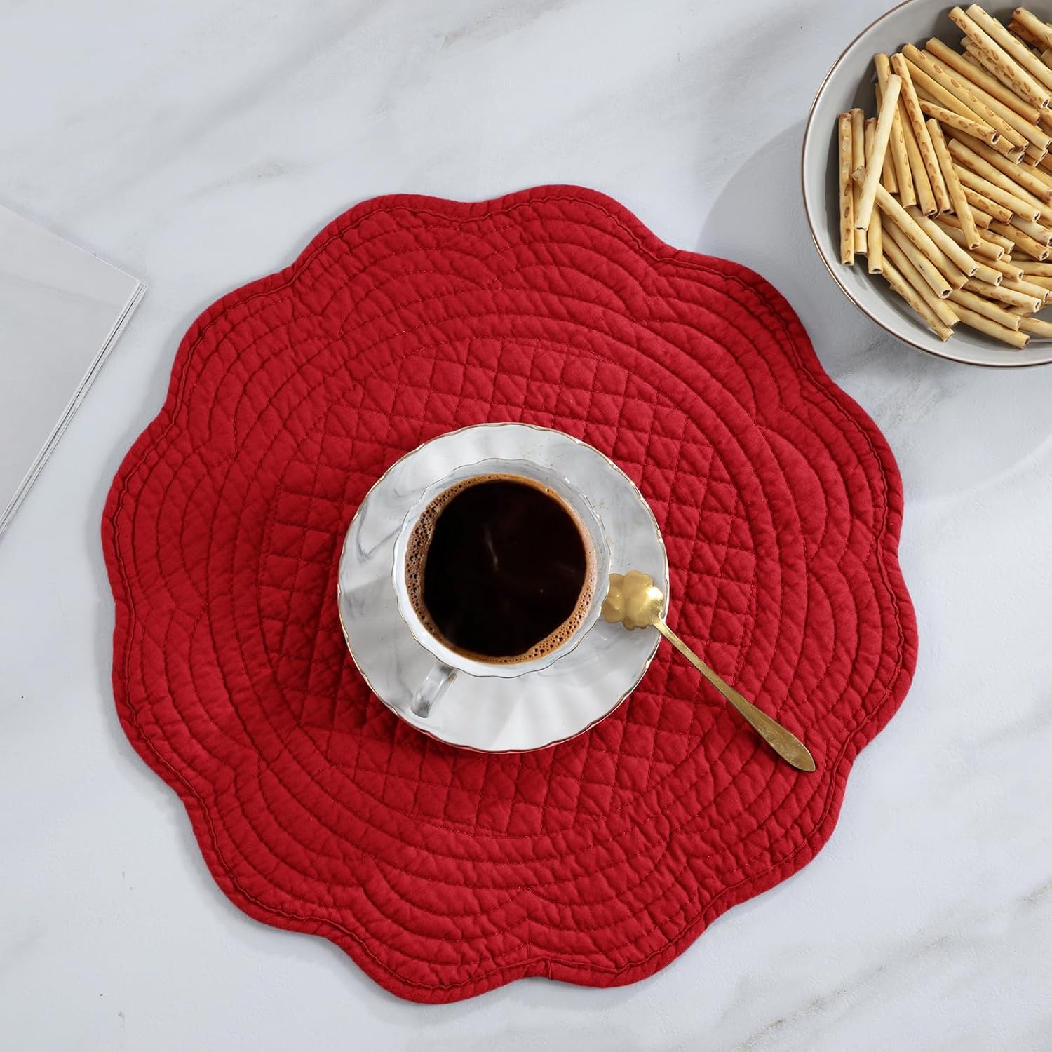 HOMBYS Quilted Placemats Set of 6 Washable Round Placemats for Kitchen Table-100% Cotton Fabric 14 Inch Round Table