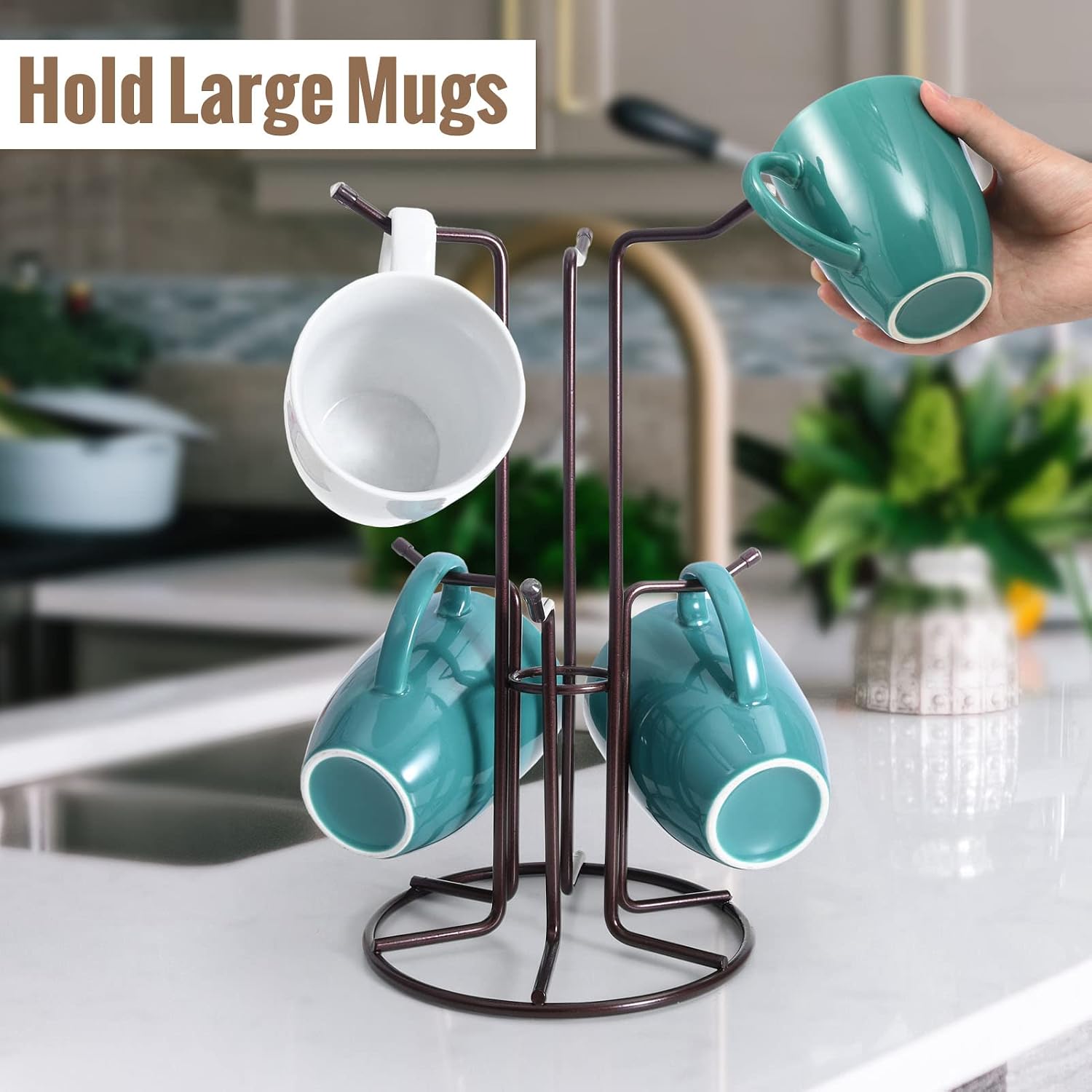 HULISEN Mug Tree for Large Cups, 6 Hook Countertop Coffee Mug Holder, Brown | Cup Rack for Counter, Stable Wide Base