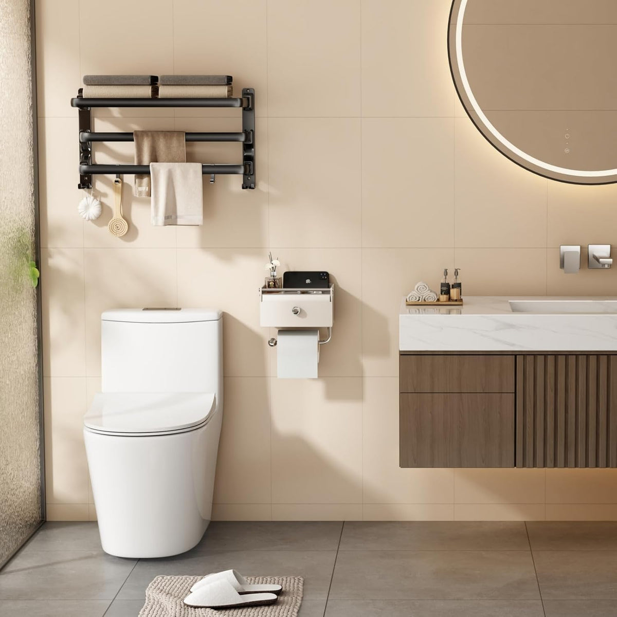 Voldra Toilet Paper Holder with Shelf, Flushable Wipes Dispenser for Bathroom, Adhesive Toilet Paper Roll Holder with