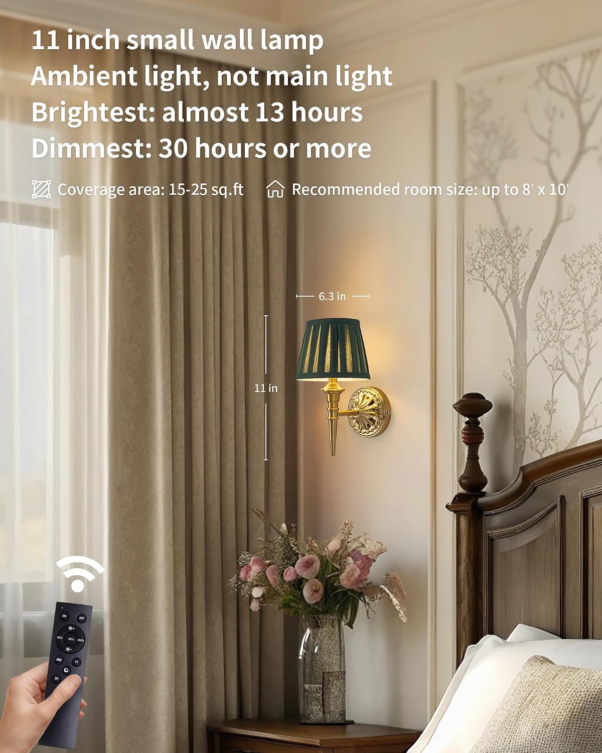 KDG Cordless Gold Wall Sconces Set of 2, Green Fabric Lampshde Wall Lamps | Small LED Wireless Portable Rechargeable
