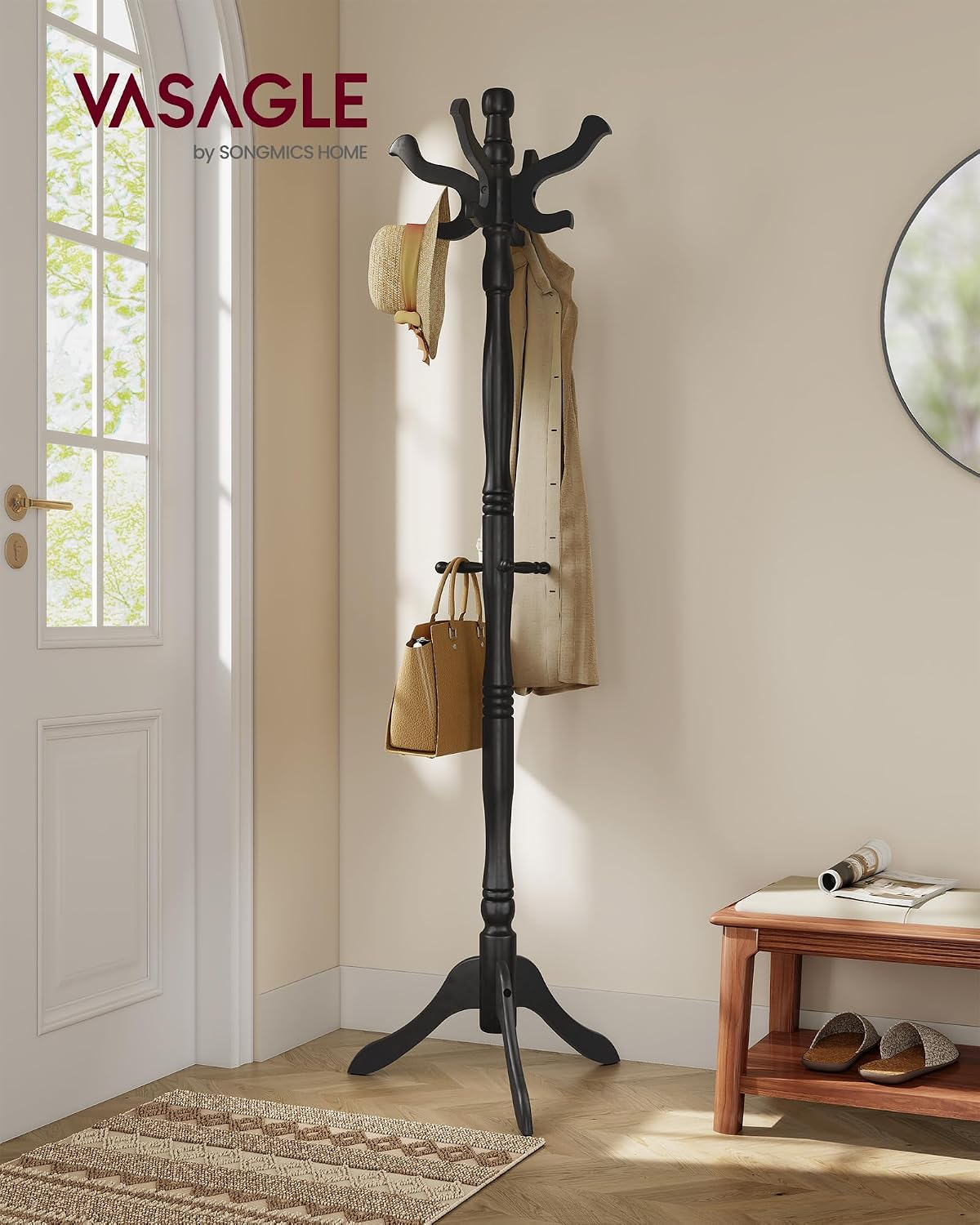 VASAGLE Freestanding Coat Rack, Rubber Wood Coat Tree with 11 Hooks | Hat Stand Garment Rack, 20.5 x 17.8 x 70.9 inch