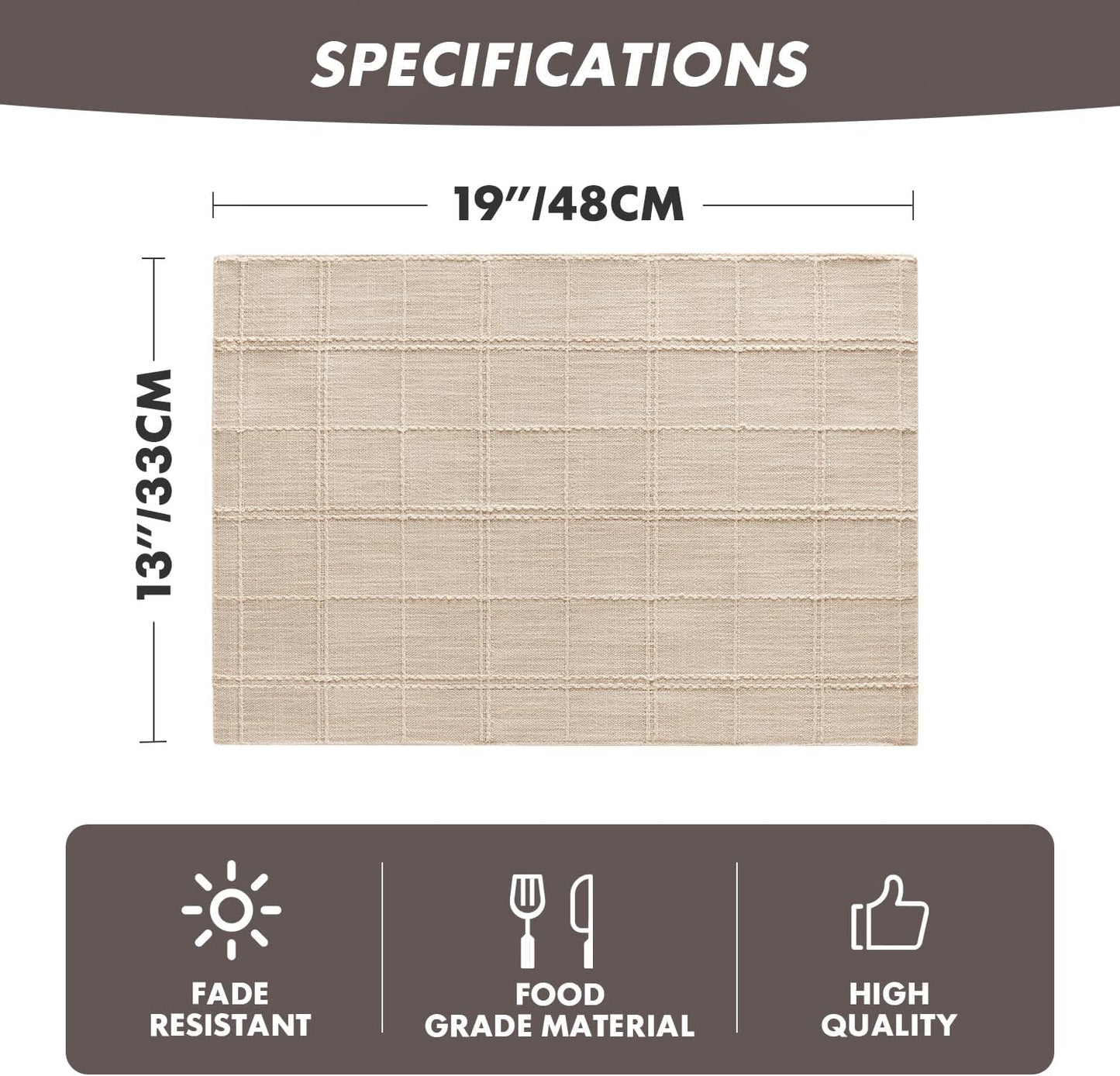 Linen Checked Farmhouse Placemats Set of 6, Neutral Beige 13x19in | Double Layer, Reversible, Thick Textured Table